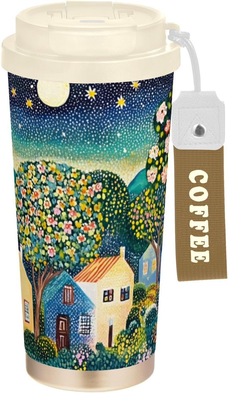 House Tree Star Insulated Coffee Mug with Straw & Flip Lid, 16.9oz Iced Tumbler Cup, Double Wall Vacuum Mug for Travel Office