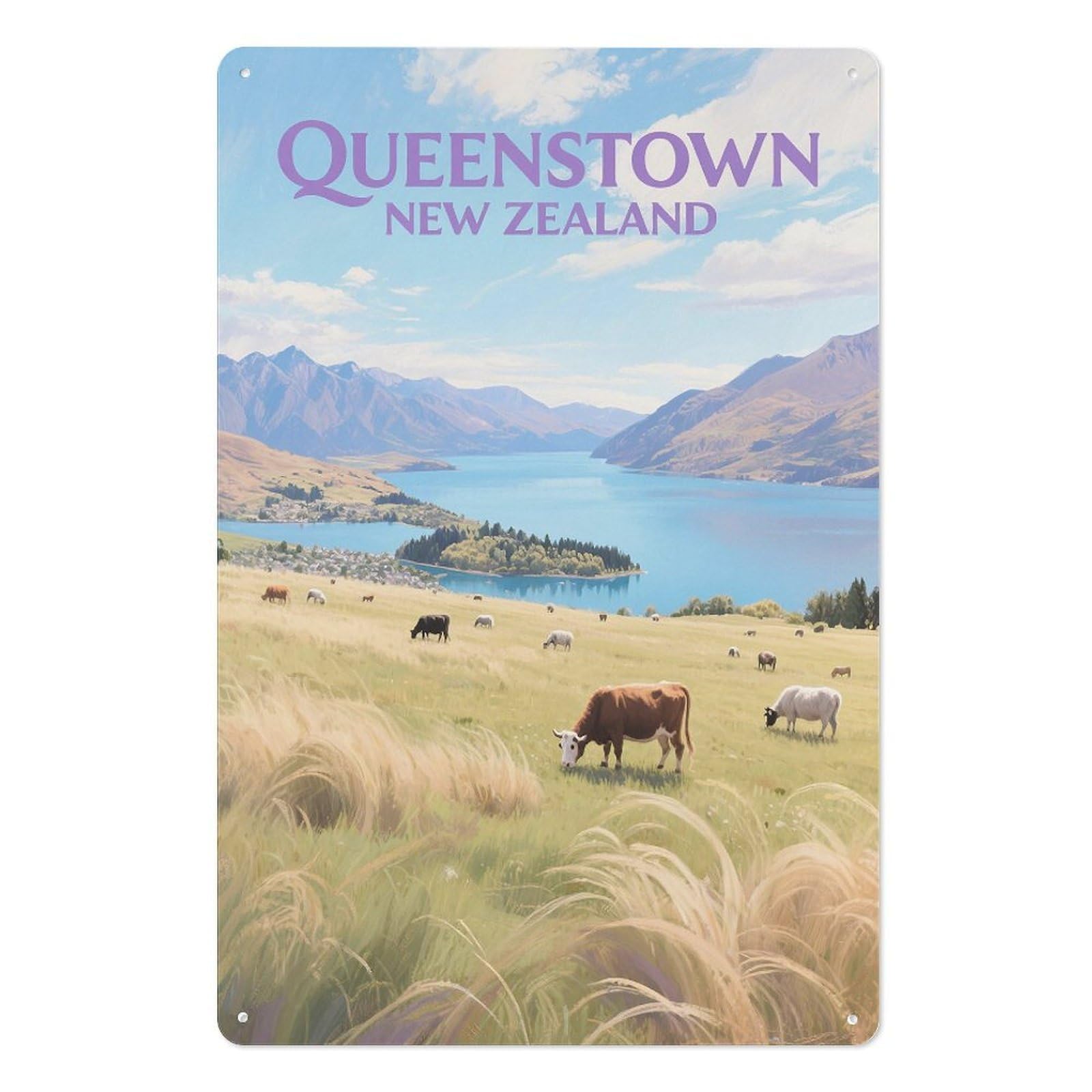 Queenstown New Zealand Retro Design Tin Painting Vintage Tin Sign 08x12inch(20x30cm) Wall Art for Home Office Bedroom Living Room Cafes Wall Decor