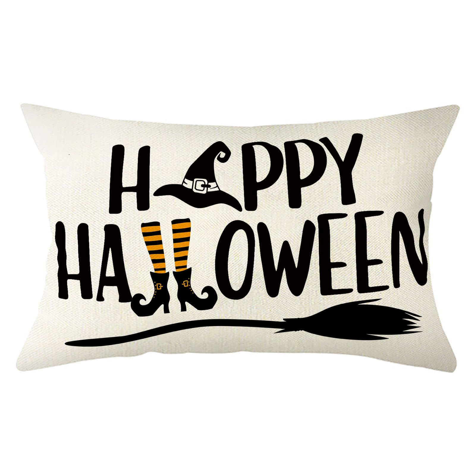Ogiselestyle Happy Halloween Throw Pillow Covers 12 x 20 Inch Halloween Hat Witch Broom Holiday Cushion Case for