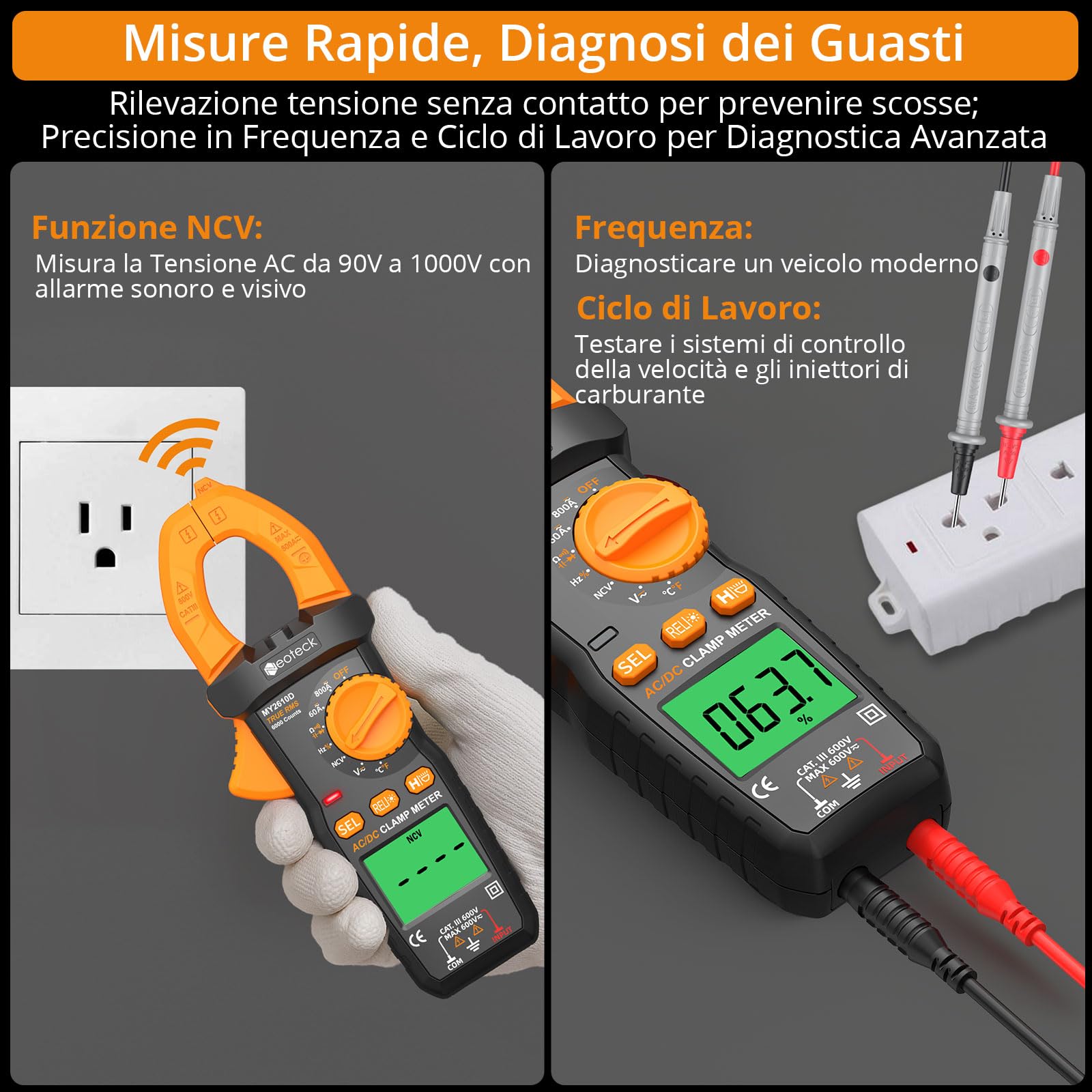 Neoteck Pinza Amperometrica Digitale TRMS 6000 Conteggi – 800 A Corrente AC/DC, Tensione AC/DC, NCV, Continuità, Capacità, Resistenza, Frequenza, Test Diodi e Temperatura, Retroilluminazione e Torcia