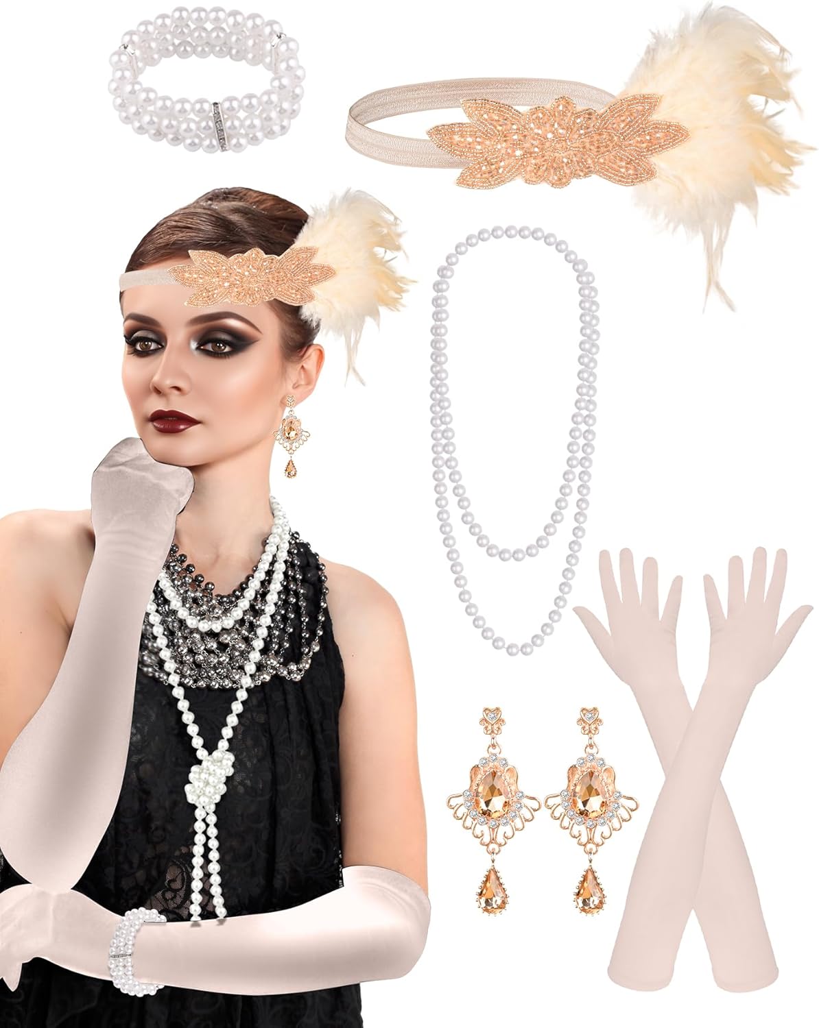 PLULON 6 Pcs 1920s Flapper Great Gatsby Accessories for Women 1920S Women Flapper Accessory Fashion Roaring 20s Costume