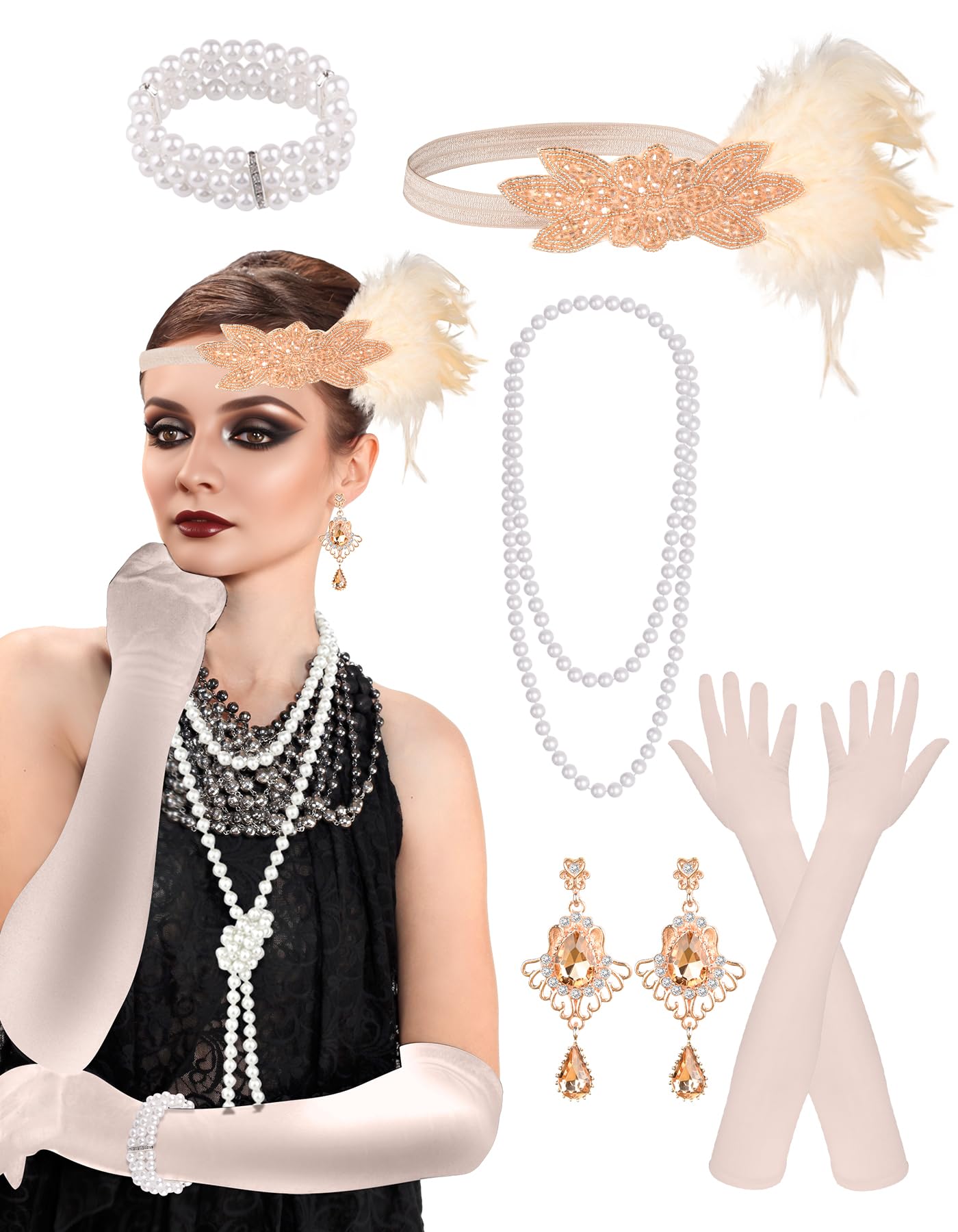 PLULON 6 Pcs 1920s Flapper Great Gatsby Accessories for Women 1920S Women Flapper Accessory Fashion Roaring 20s Costume