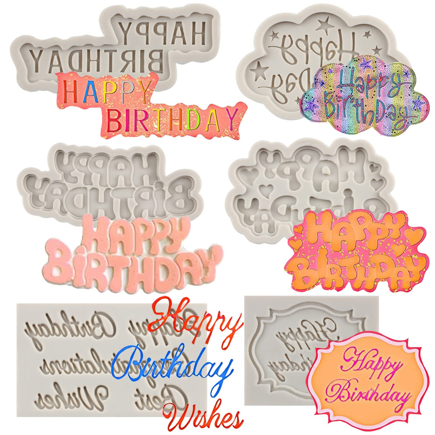 Sijiangmold Happy Birthday Silicone Molds Birthday Alphabet Fondant Silicone Mold Chocolate Molds Letters Silicone Fondant Cake Molds For Cake Decorating Cupcake Topper Polymer Clay Set Of 6