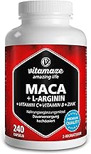 Vitamaze Maca (with Black Maca) High Dosage with L-Arginine 1,800 mg + Vitamins C, B6, B12 and Zinc, 240 Capsules, Peruvian Maca Root of the Andes, German Quality, without Additives