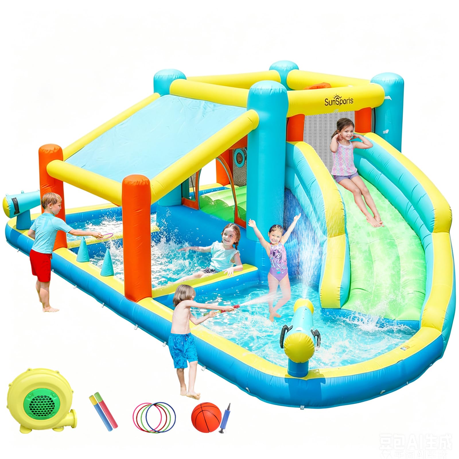 Photo 1 of *Hole in the bouncy house**SunSports Inflatable Water Slide Bounce House, Waterslide Bounce House for Kids Backyard, Inflatable Water Park Bouncy House for Wet and Dry