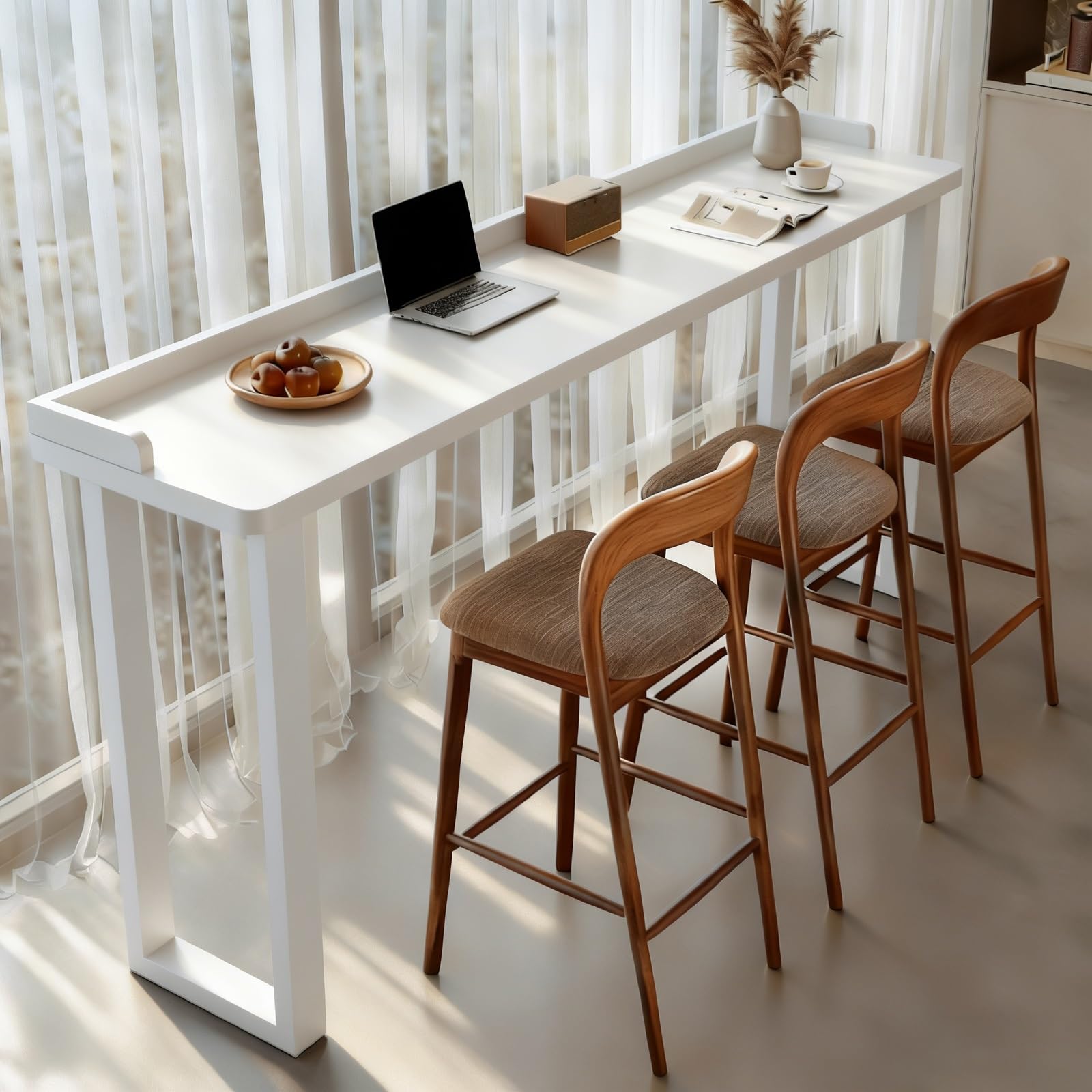 SXZenSpace Solid Wood Bar Height Table Rectangle Dining Counter Desk with Fence Narrow Console for Bistro Cafe/Home 71in Coffee Stylish & Functional (White)
