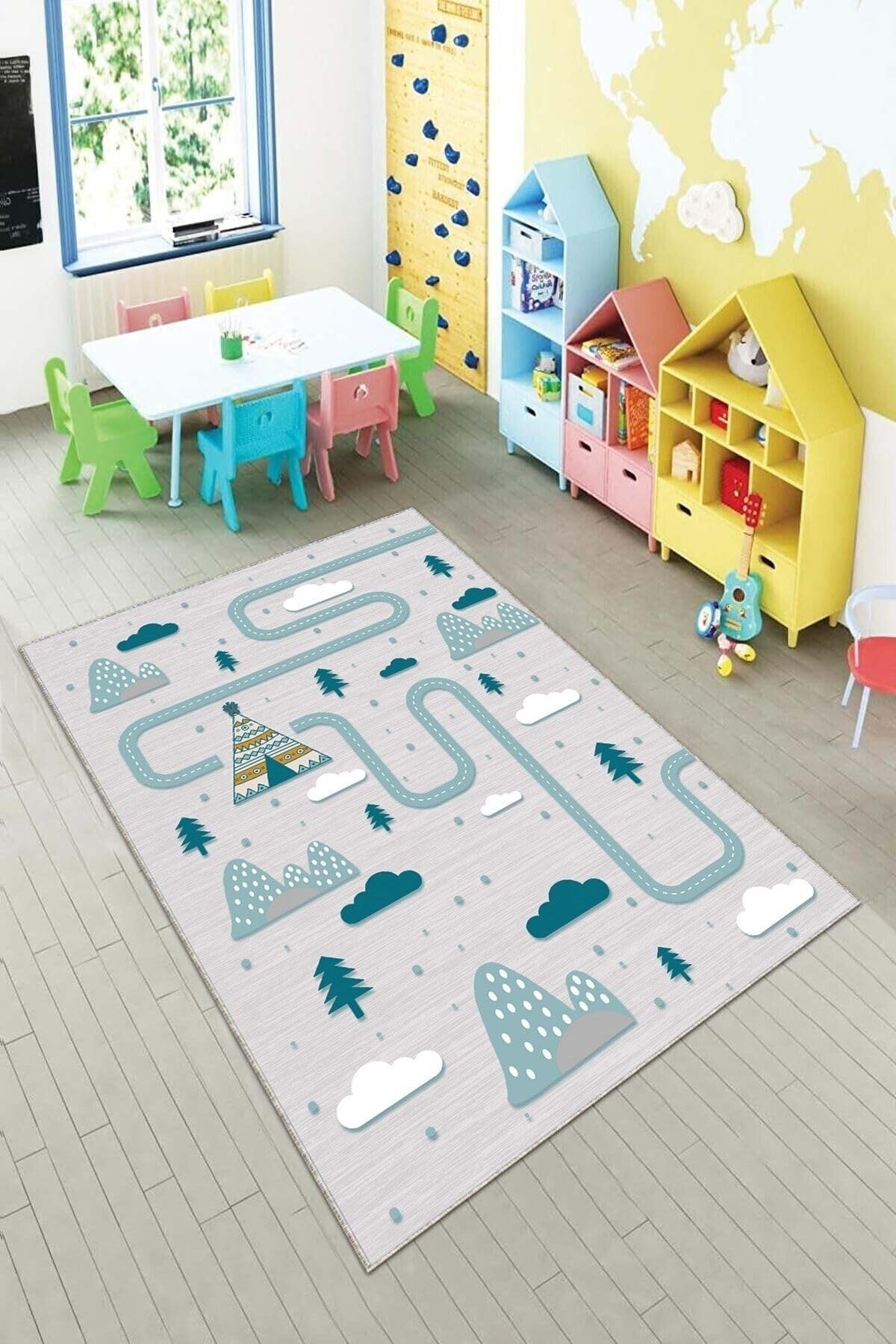 Pelangi Gri Trafik Yollu Ve Fiğürlü Yıkanabilir Kaymaz Taban Leke Tutmazbebek Ve Çocuk Odası Halısı, Gri-Mavi 120 x 180, 901357102120180