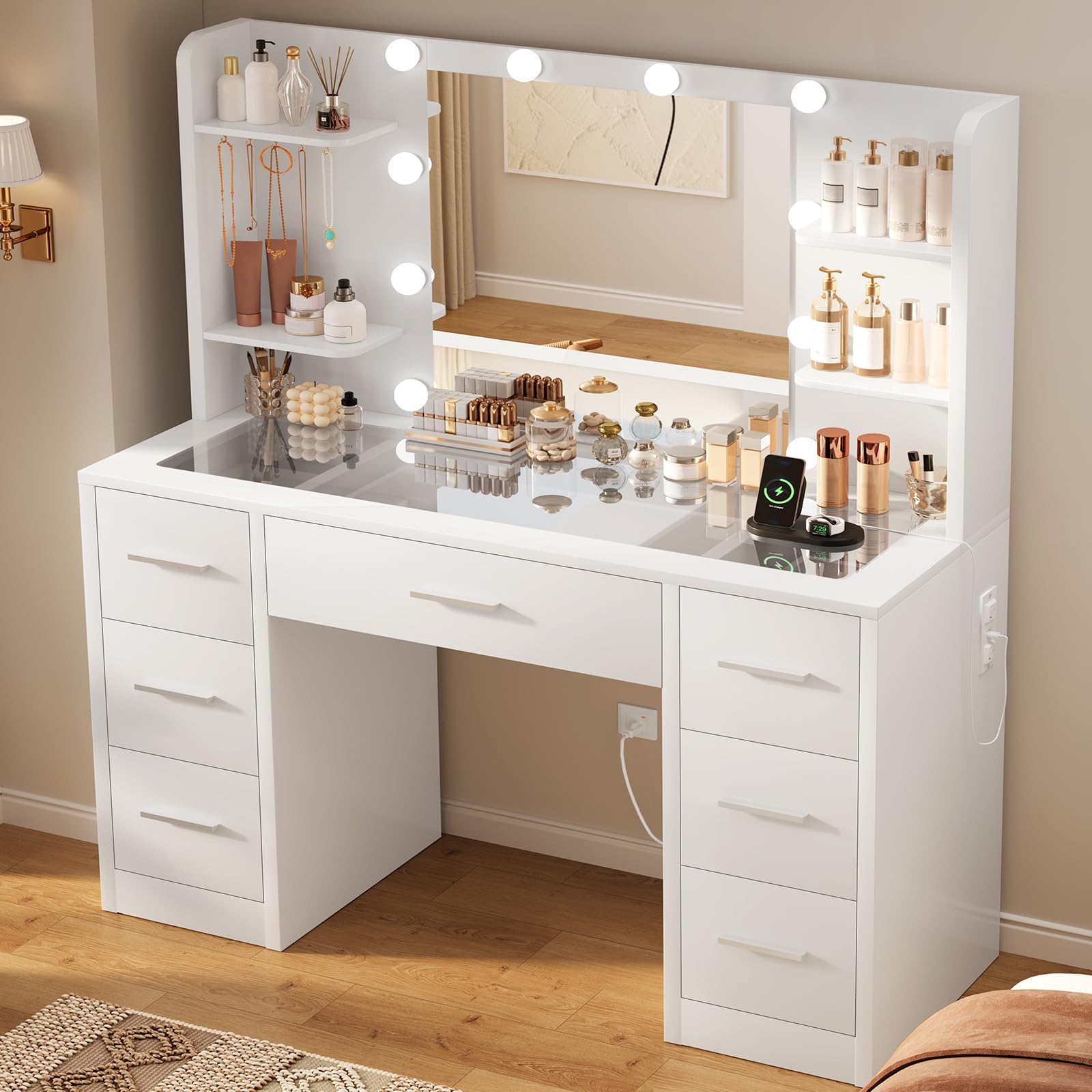 TEENFON Makeup Vanity with Glass Desktop & Charging Station - Vanity Desk