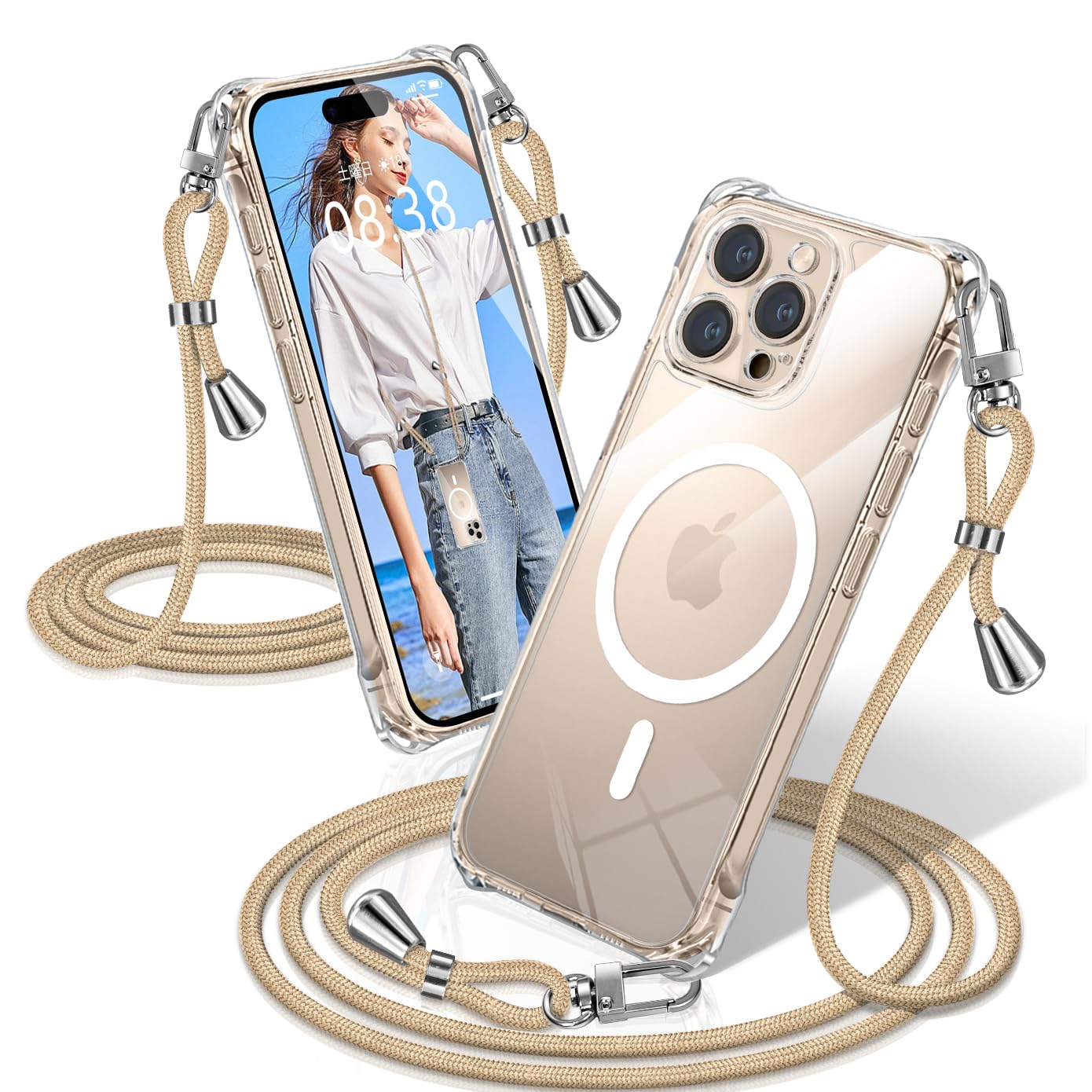 XIOYATY 用の iPhone 16 Pro ケース クリア ショルダー MagSafe対応 耐衝撃 アイフォン16 Pro カバー 透明 スマホケース マグセーフ対応 肩がけ 首掛け 紐付き 縄掛け 斜めがけ 調節可能なショルダー 多目的キャリー ファッションデザイン TPUスマホ (ゴールド)