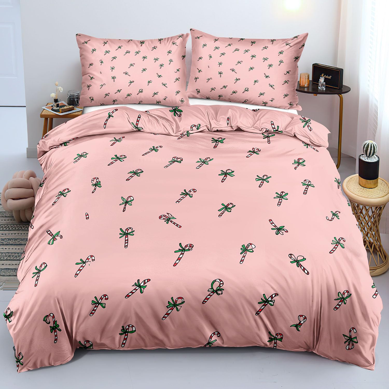 Housse de Couette de Noël 260x240 cm Rose avec Taies d'Oreiller