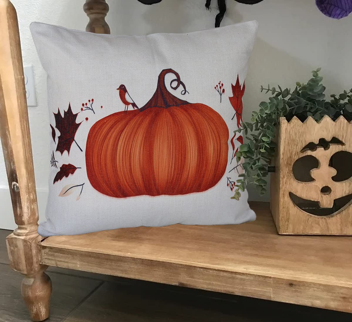 AEIOAE Juego De 2 Fundas De Almohada De Otoño De 18 X 18 Pulgadas, Fundas De Almohada De Calabaza En Acuarela, Rayas Grises, Flores De Otoño Para Exteriores, Decorativas, De Lino