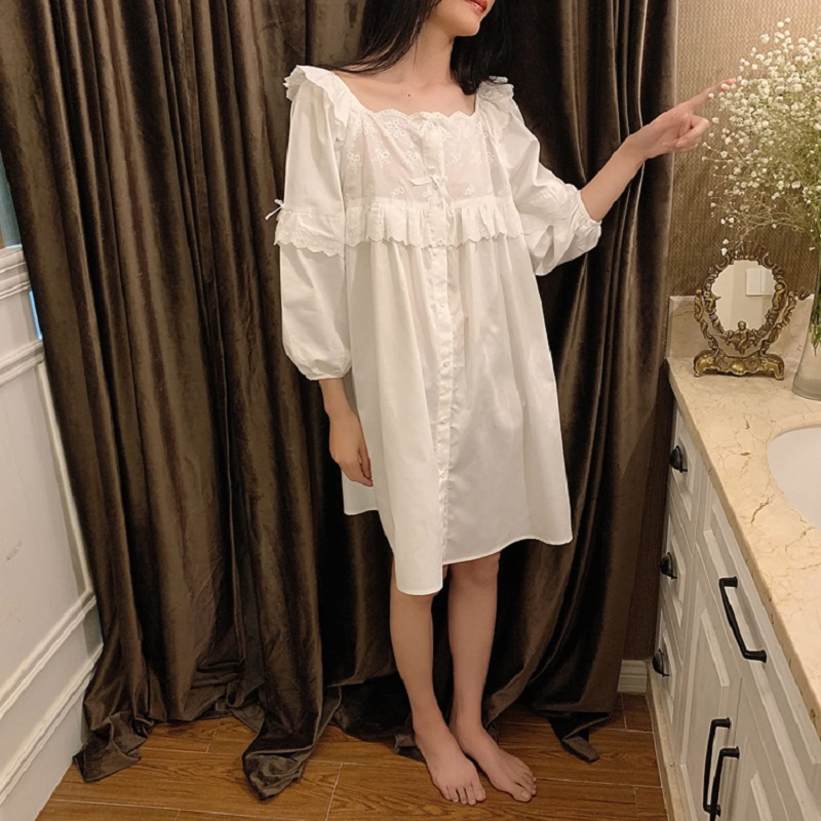 OFFSUM Camicia da Notte Donna - Primavera Estate Dolce Bowknot Camicia da Notte Floreale in Pizzo di Cotone Bianco Tinta Unita Classica Abbigliamento da Notte Casual Abbigliamento da Notte
