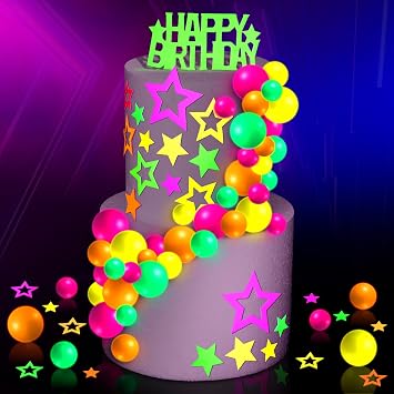 Wonderjune 57 Pcs Neon Cake Decorations Cake Toppers Lets Glow Party Theme Decor for Glow in the Dark Neon Blacklight Party Supplies and Decorations for Birthday Wedding
