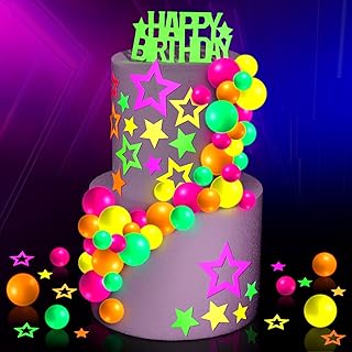 57 Pcs Neon Cake Decorations Cake Toppers Let's Glow Party Theme Decor for Glow in the Dark Neon Blacklight Party Supplies and Decorations for Birthday Wedding