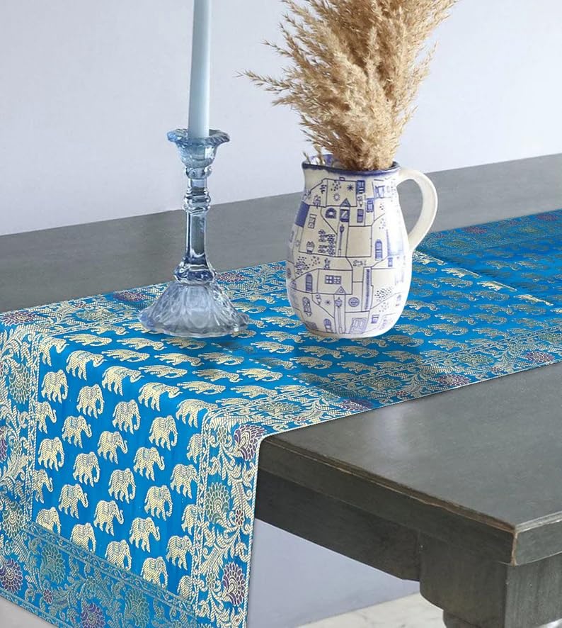 Image of Living Room Decor Handmade Banarasi Silk Table Runner for Center /Dining Table (16 x 60 Inches) (Heavy Zari Brocade ) (Turquoise)