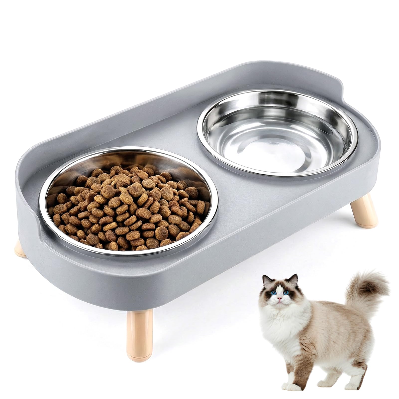 2 x Raised Cat Bowl - Raised Cat Bowl Set Stainless Steel Double Cat Bowls with Stand and Splash Guard Non-Slip Feeding Bowl Cat Bowl - Feeding Bowl Water Bowl Set for Cats & Small Dogs - Grey