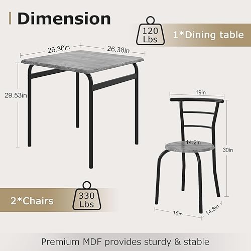 Miniatura 2 de VECELO Juego de mesa y sillas de comedor de 3 piezas para 2, juego de comedor cuadrado de metal y madera para espacios pequeños, rincón de desayuno,