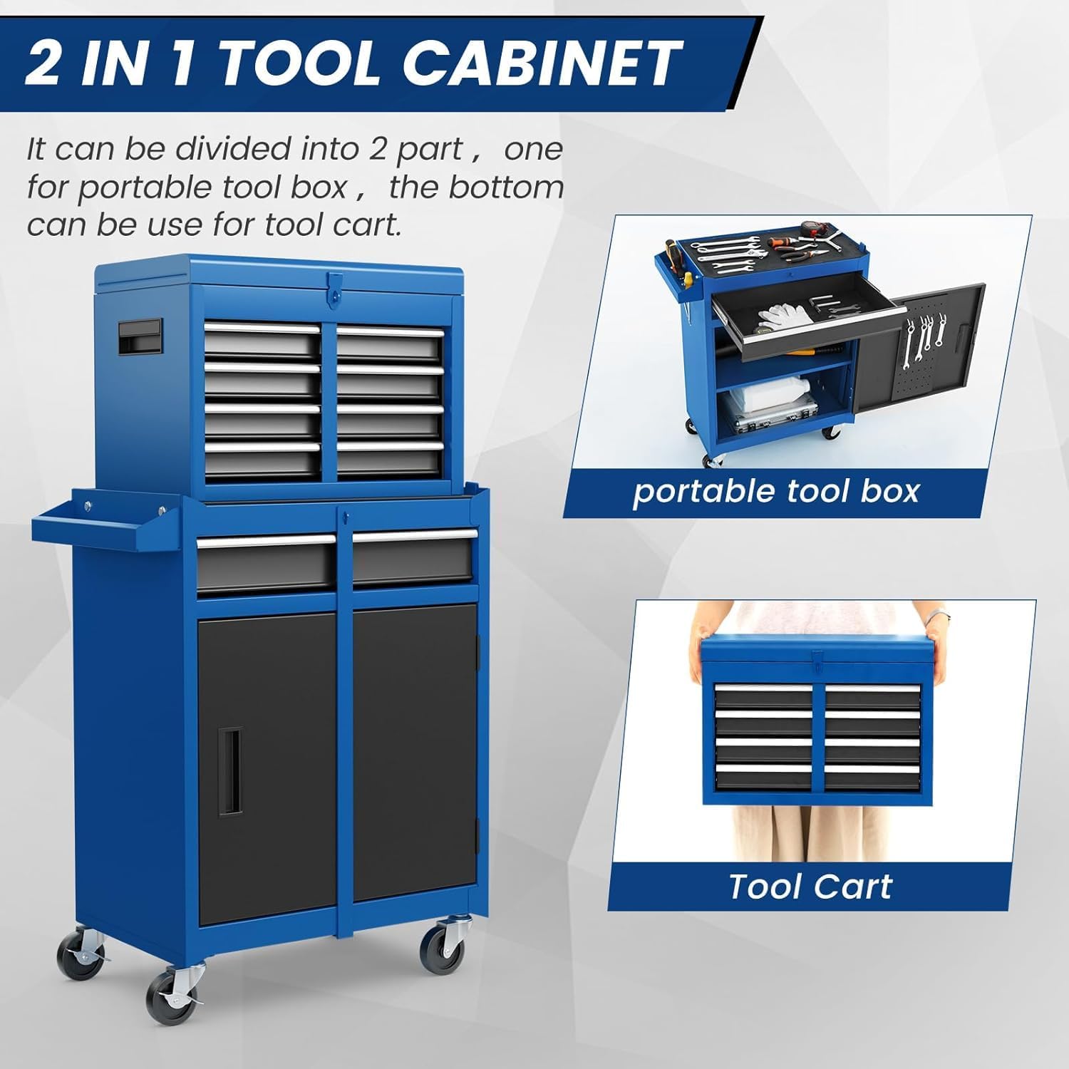 HOMGX 5-Drawer Tool Combination Cabinet, Rolling Toolbox w/Detachable Top & Adjustable Shelf, Lockable Wheels & Sliding Drawers, Large Capacity Tool Storage Cabinet for Garage Workshops (Blue+Black)