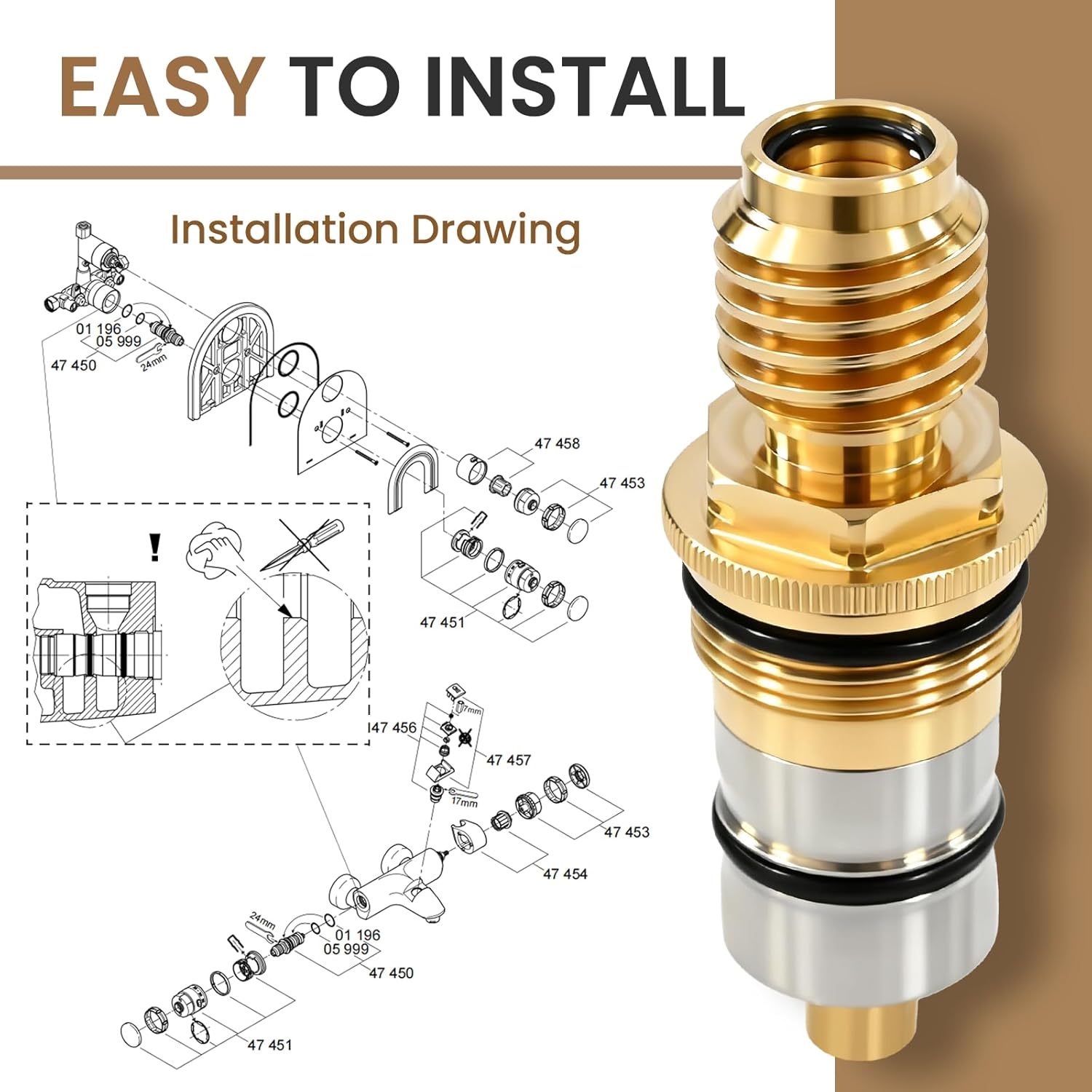 GR-47450000 Thermostatic Cartridge 1/2" Made of Brass and Stainless Steel – Compatible with Grohtherm 1000/3000 and Automatic 2000 – Replacement Part 47450