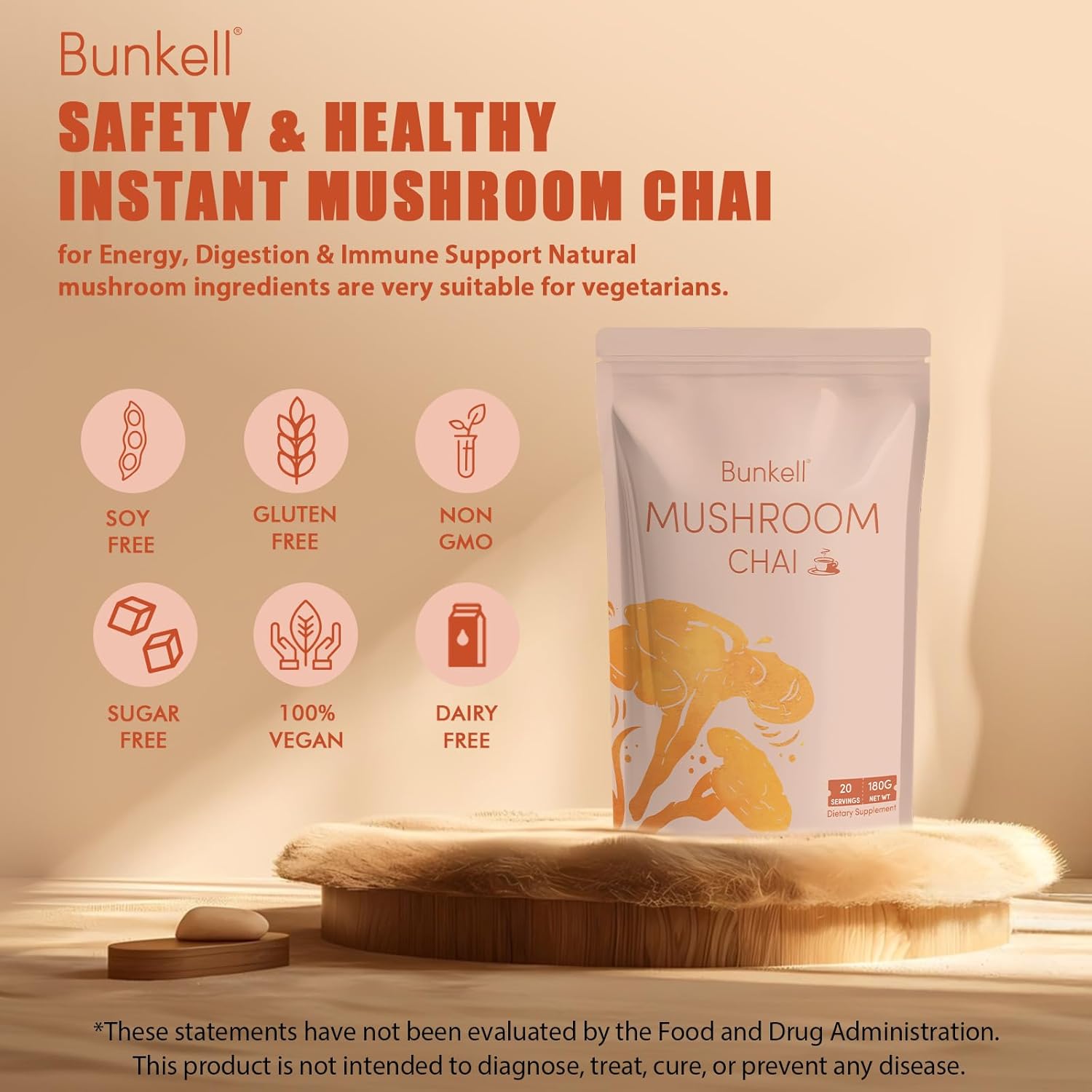 Bunkell Mushroom Chai, Adaptogenic 6 Mushrooms with Lion's Mane, Reishi, Cordyceps, Shiitake, King Trumpet & Turkey Tail, Chai Powder for Energy, Focus, Digestion & Immune Support, 20 Servings 1 Pack