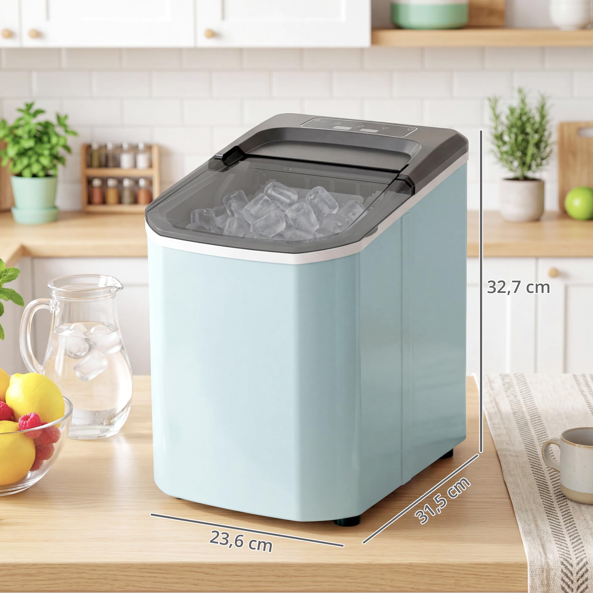 HOMCOM Máquina de Hielo, Máquina de Cubitos de Hielo Autolimpiable, 12 kg/24H, 9 Cubitos Listos en 7 Minutos, 2 Tamaños de Hielo, 1,5L Depósito, para Hogar, Cocina, Oficina, Bar, Azul — view 7