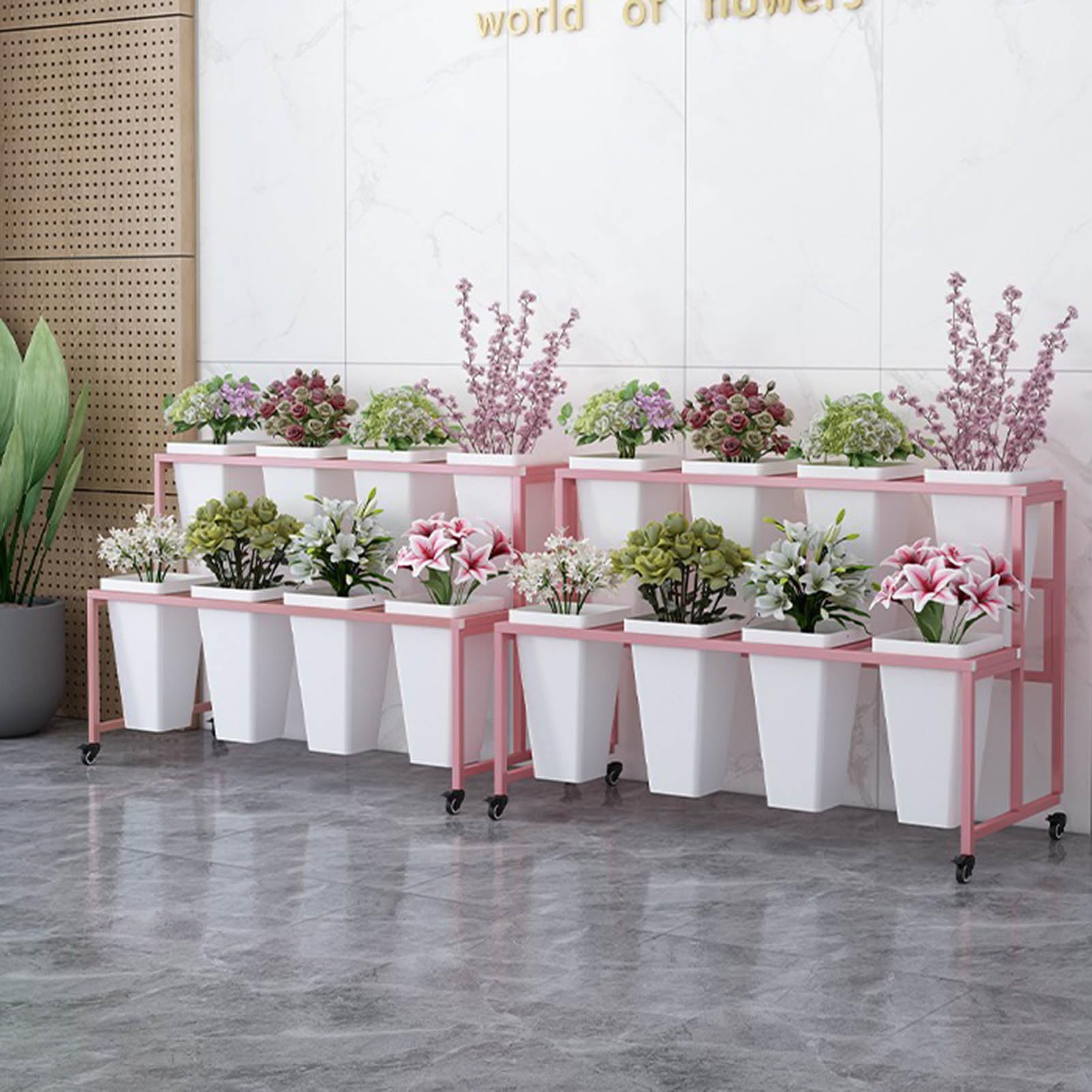 DFGHNBVC Double Layer Metal Plant Stand With 4 Universal Wheels, Garden Cart Moving Flower Bucket Stand For Flower Shops, Balcony, Patio,Pink 8 Barrels