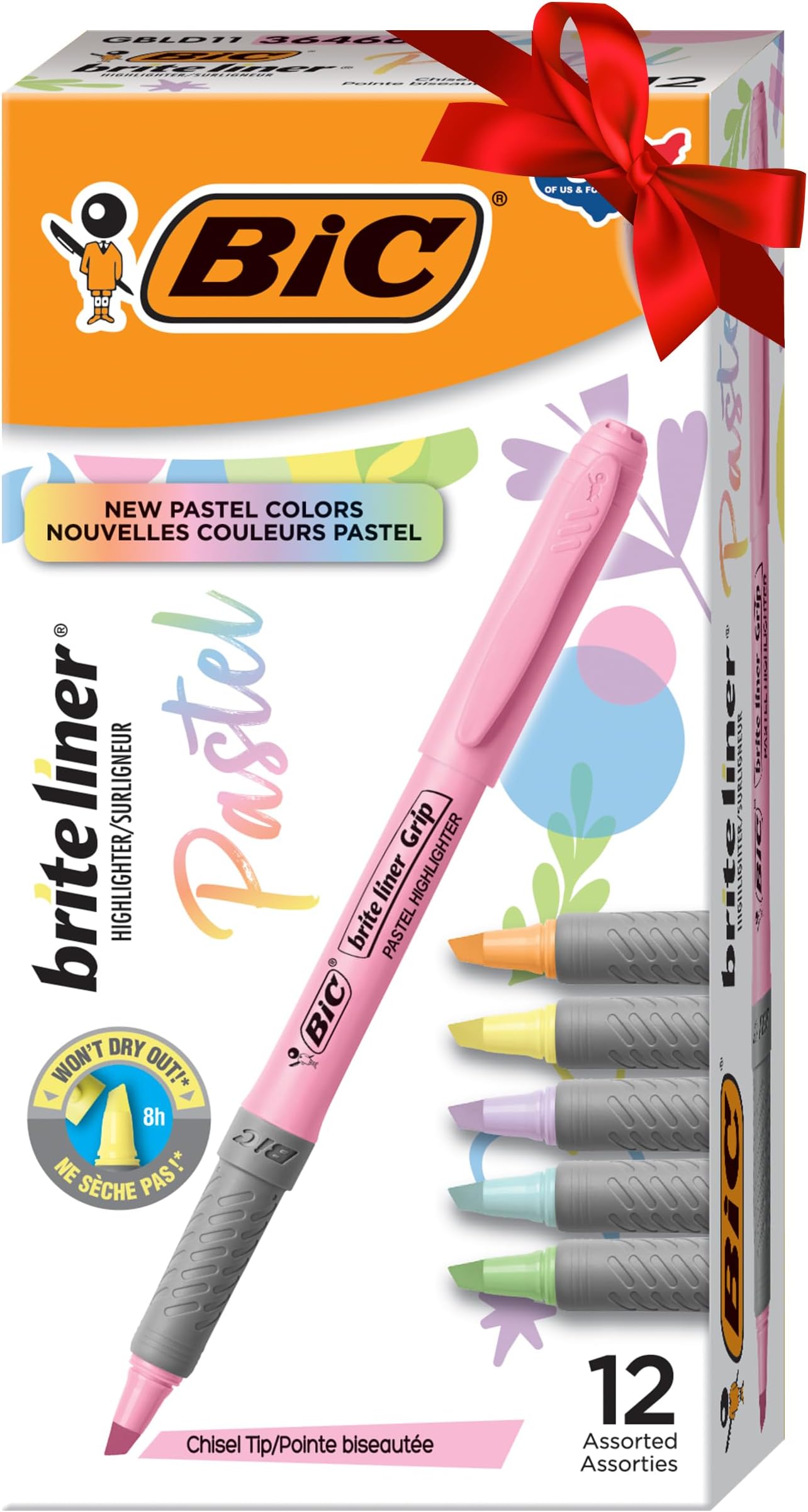 BIC Brite Liner Grip Pastel Highlighter Set, Chisel Tip, 12Count Pack