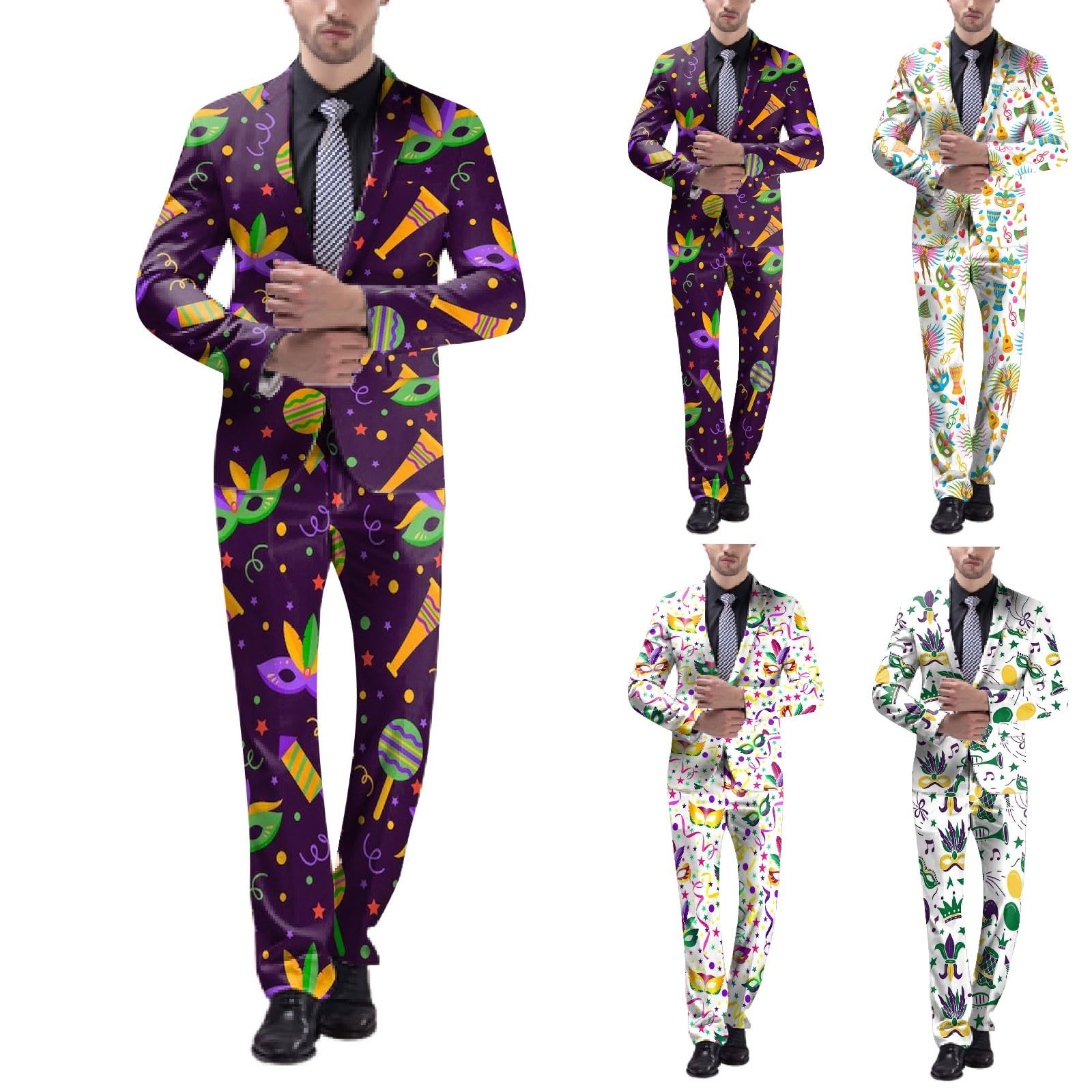 Anzug Herren Lustiger Masken Anzug Prom Suits Faschingskostüme Retro Party Jacke mit Bunten Drucken 60er Jahre Pop Art Style Outfit Slim Fit Anzughose Mardi Gras Karneval Kostüm