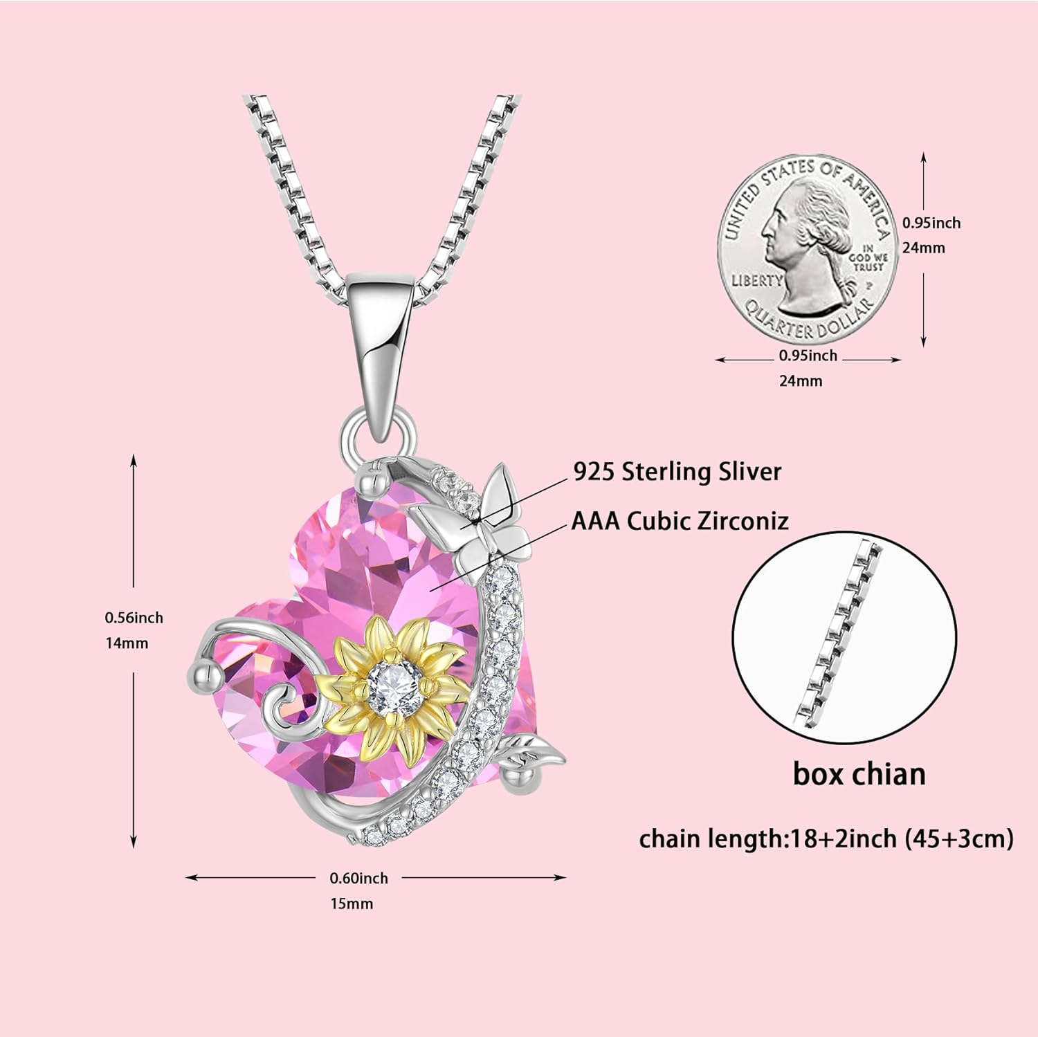 Butterfly Sunflower Heart Necklace for Women, 925 Sterling Silver Cubic Zirconia Birthstone Pendant Jewelry for Her - Image 4