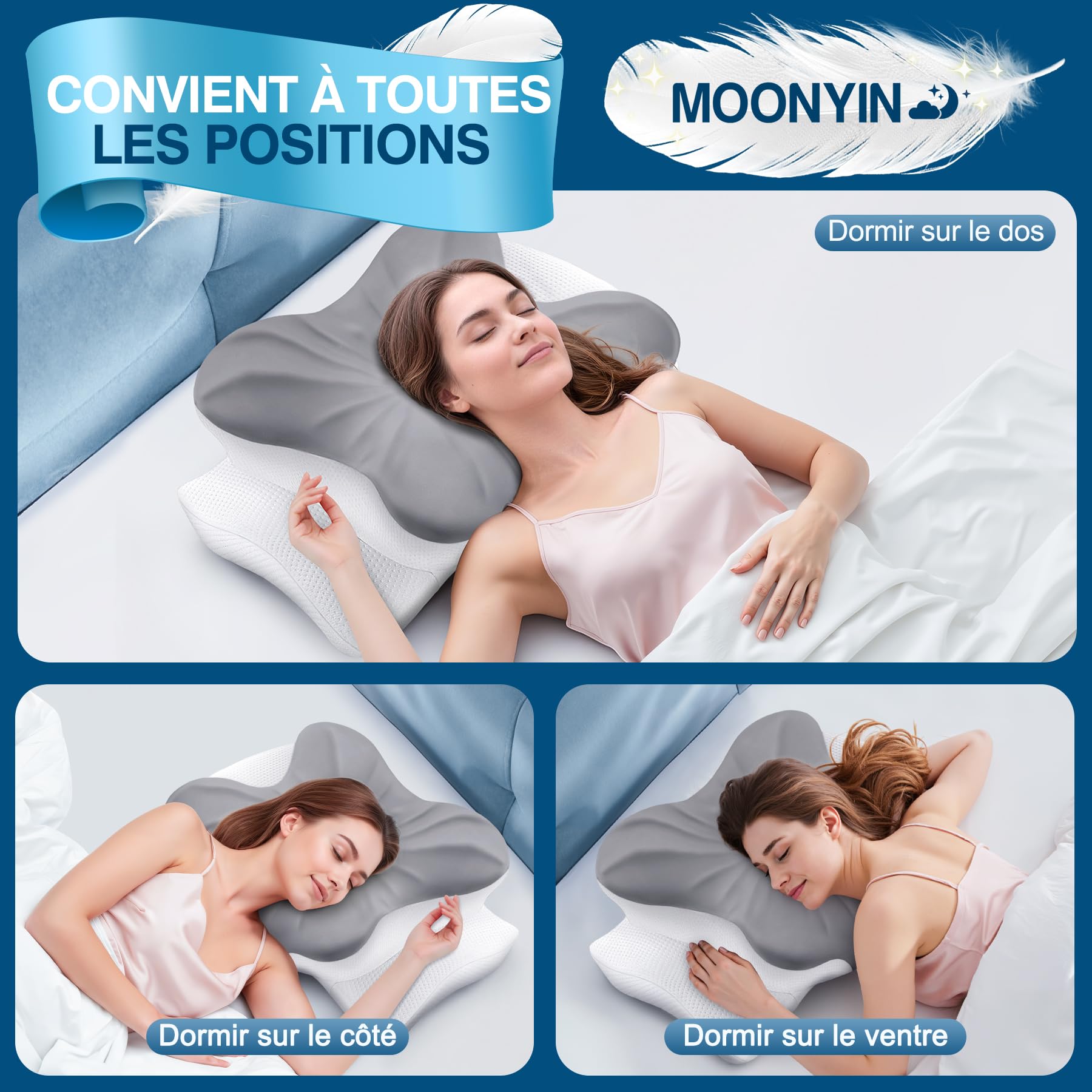 Oreiller Ergonomique Cervical Mémoire de Forme, Technologie Rafraîchissante, Ergonomique Cervical, Adapté pour Dormeurs de Côté, de Dos et sur Le Ventre Design de Haute Qualité