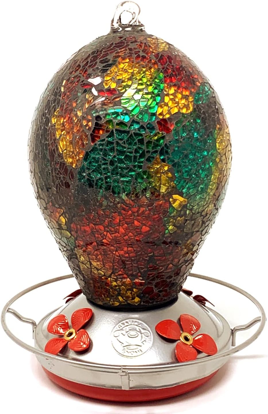 Hummingbird Feeder by Grateful Gnome - Large Hand Blown Stained Glass Feeder for Garden, Patio, Outdoors, Window with Accessories S-Hook, Ant Moat, Brush - 20 fl oz, Mosaic Egg Design