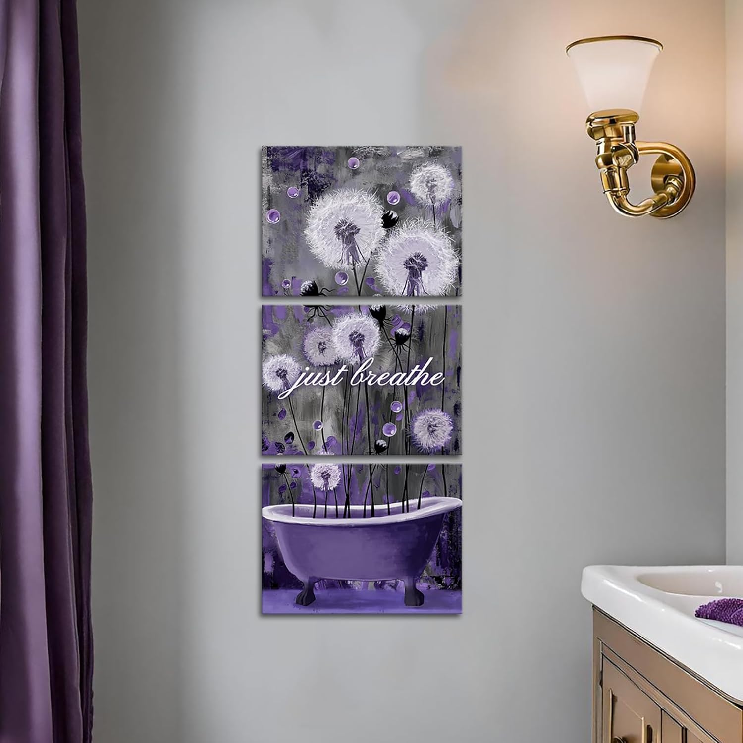 NutArtPic Dandelion Bathroom Wall Pictures Just Breathe Wall Art Decor Purple Floral Canvas, 12W x 16H inches x3pcs (purple)