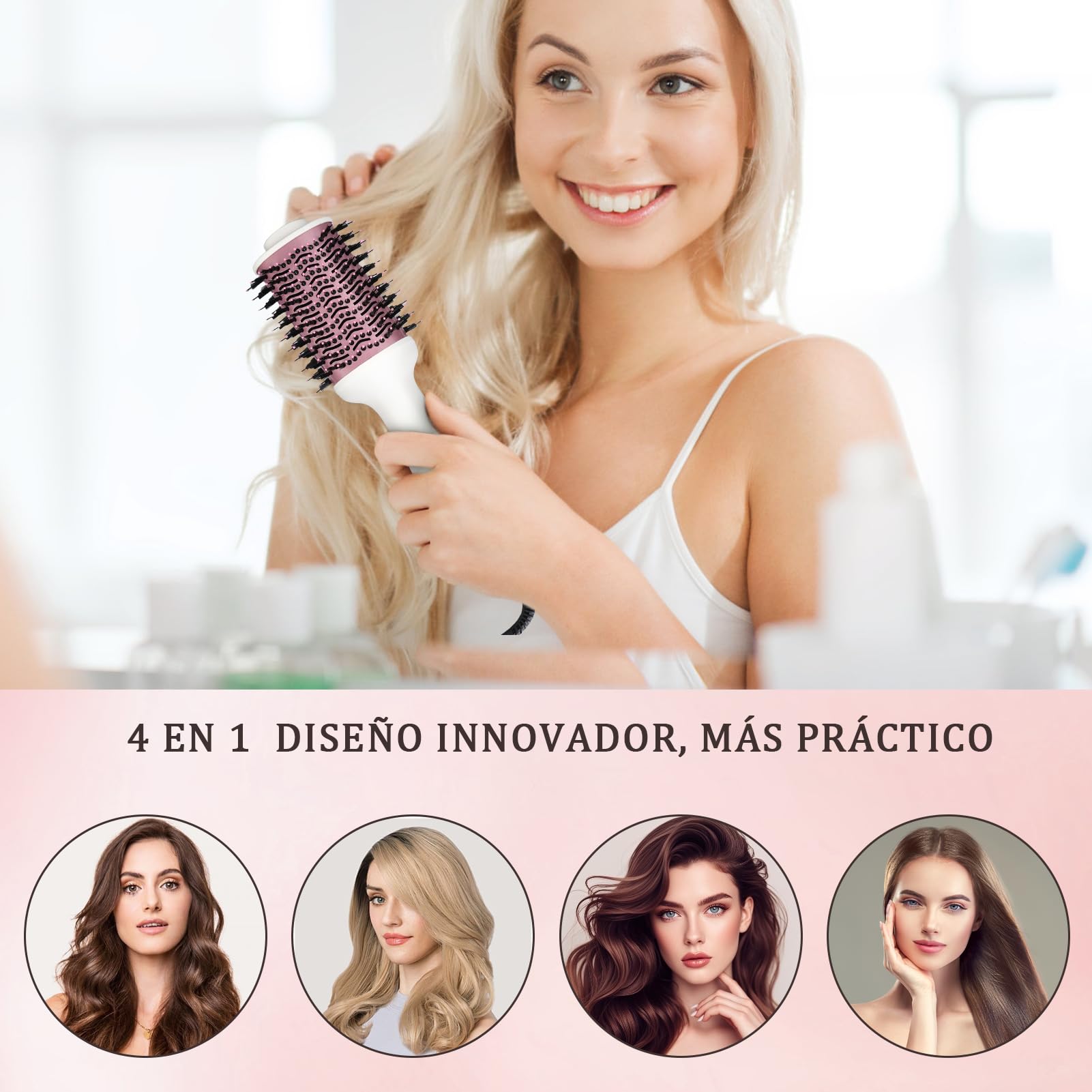 Cepillo Secador Alisar Rizar con Iones Negativos 1200W | Cepillo secador de pelo con voltaje universal, cable trasero giratorio 360°, apto para cabello medio y largo