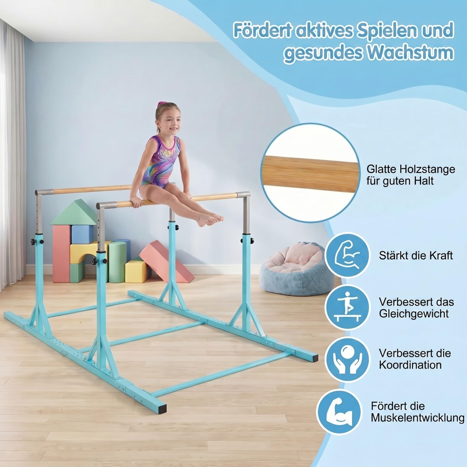GYMAX Gymnastikstange für Kinder, Turnstange mit 13 Höhenverstellbar, Reck Turnen bis 100kg belastbar, Turnreck für Zuhause & Fitnessstudio, 251 x 144 x 84,5-144,5 cm