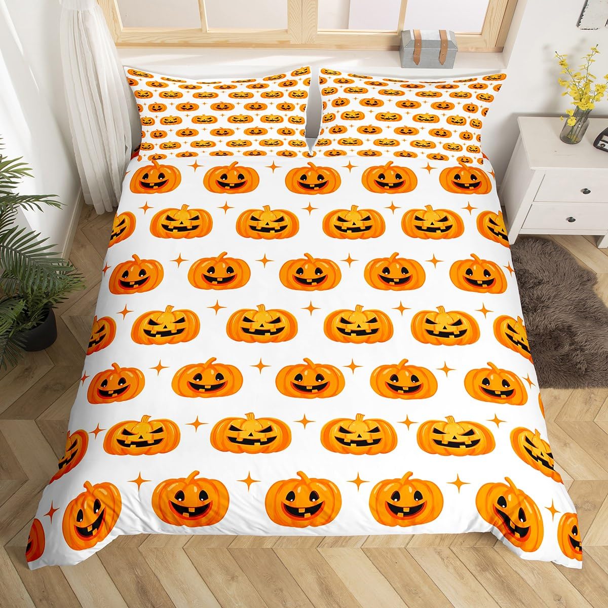 Happy Halloween Duvet Cover King Size,Cute Pumpkin Smile Comforter Cover for Kids Teens Adults Bedroom Decor,Pumpkin Lantern White Breathable Bedding Set 2 Pillowcases,No Comforter โ image 1