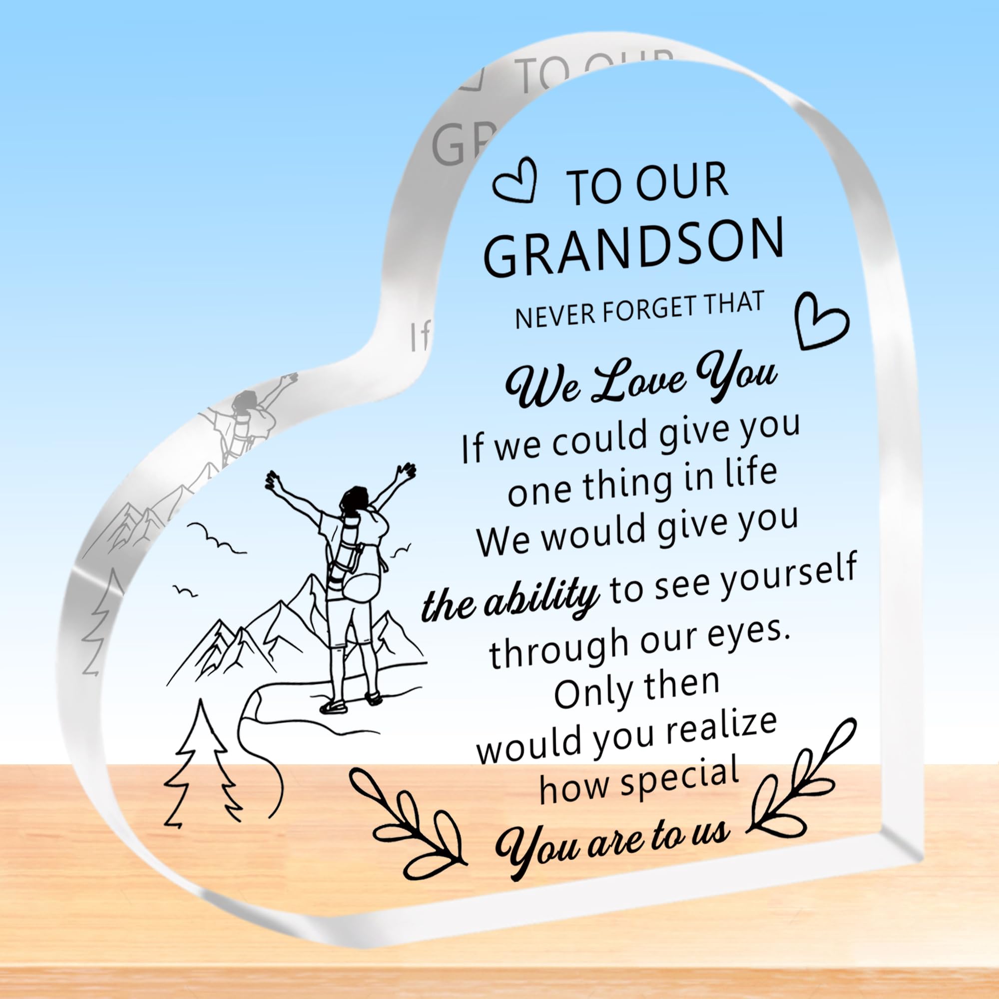 HULALA Grandson Gifts From Grandparents To Our Grandson Heart Acrylic Plaque Gifts For Grandson Men Boys Birthday Chritsmas Graduation Presents Never Forget That We Love You