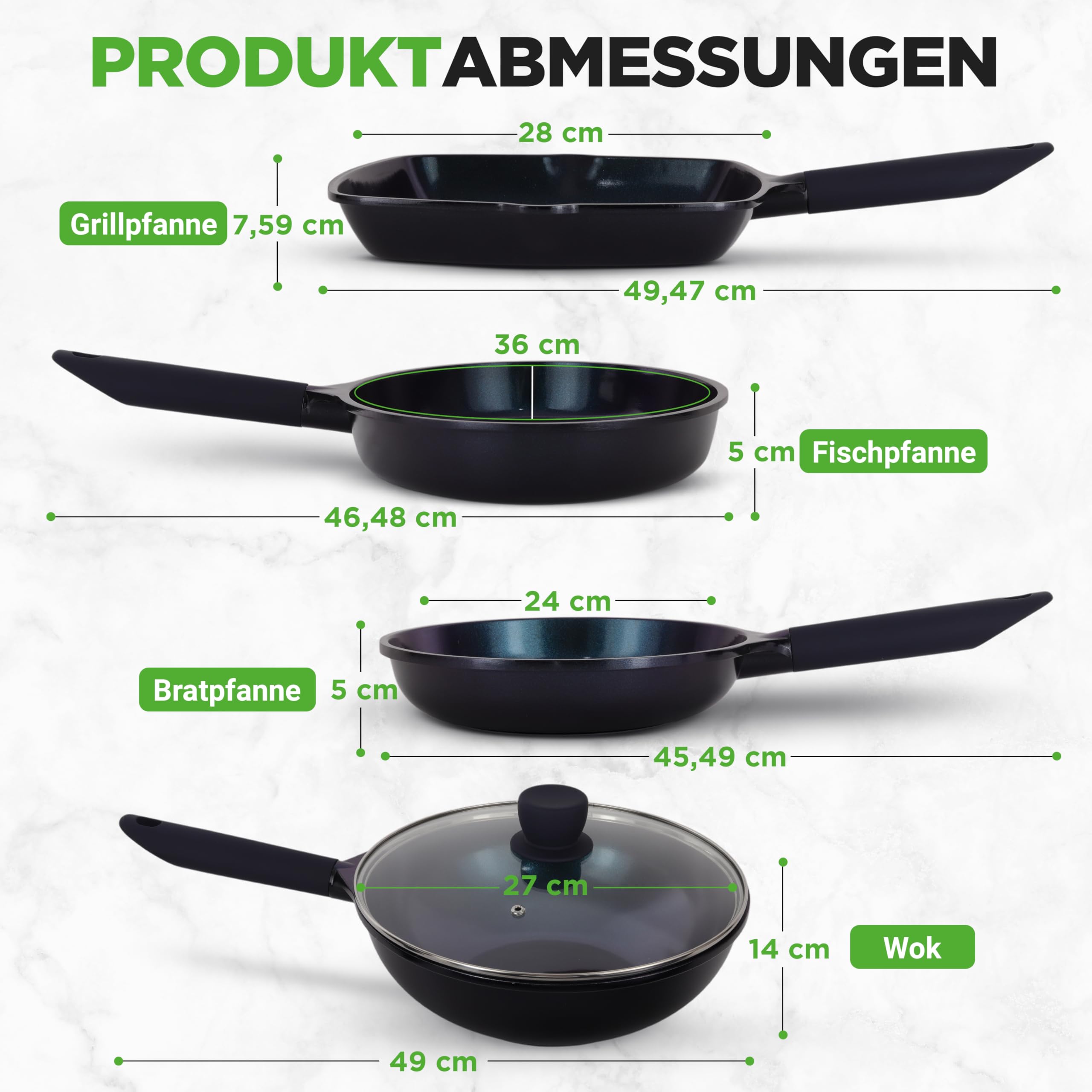 NutriChef Pfannenset 5-teilig – Grillpfanne, Wokpfanne, Bratpfanne 28 cm, Fischpfanne oval, Glasdeckel Antihaft, induktionsgeeignet, langlebiges Design, BPA-frei, ideal für gesundes Kochen