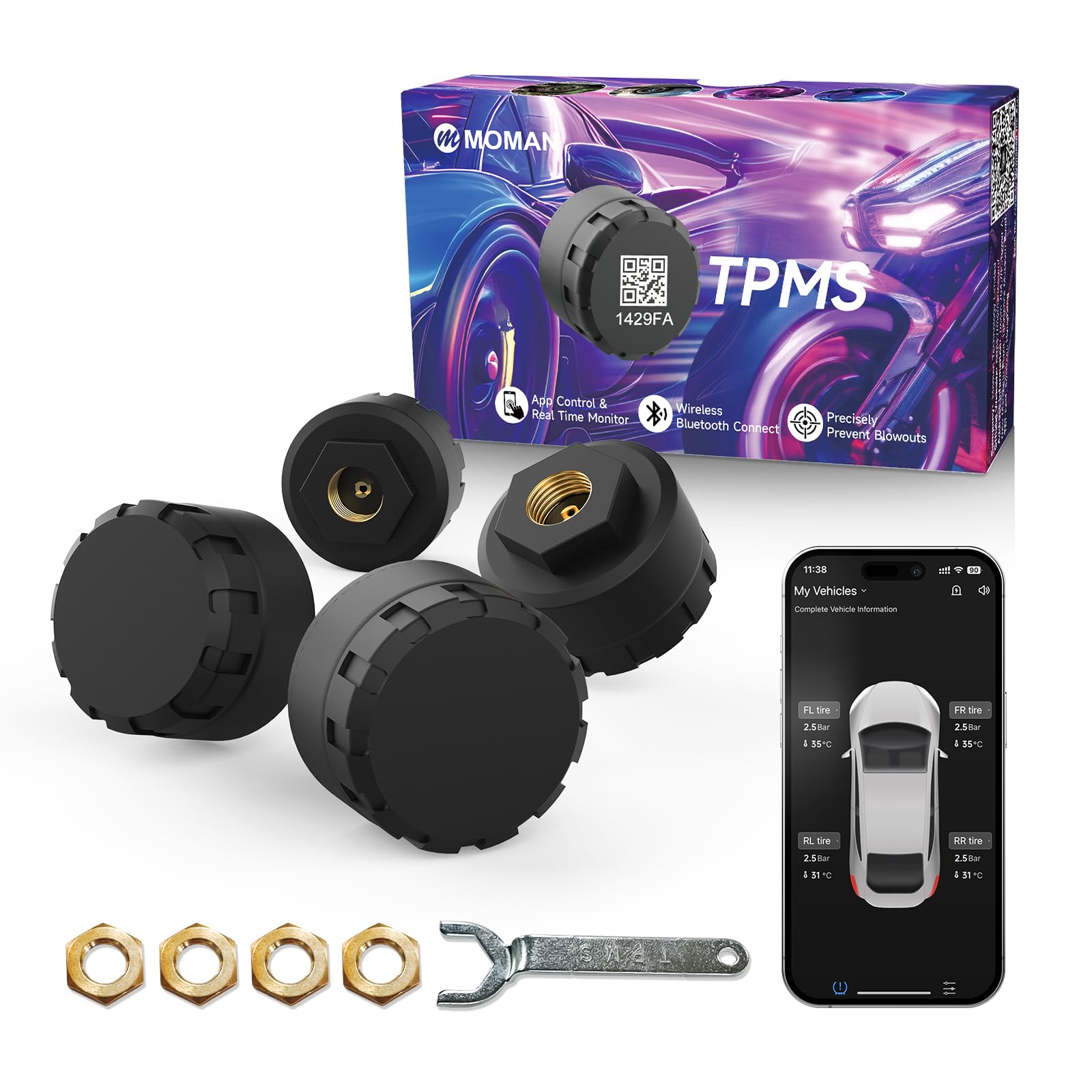 MOMAN TPMS Reifendruckkontrollsystem Bluetooth Sensoren Set 4 Stück | Auto Reifendrucksensor, Bluetooth App Überwachung, Temperaturalarm, Echtzeitdaten, für Pkw Wohnmobile und Fahrer