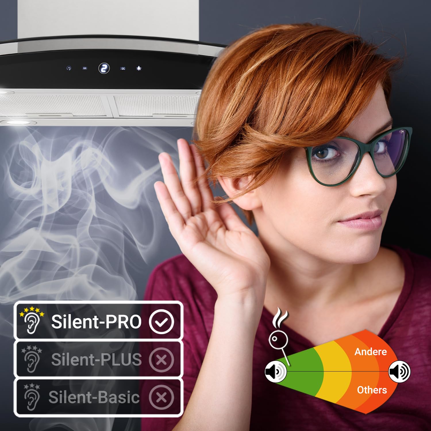 Cappa aspirante 90 cm | cappa a isola | acciaio inossidabile | vetro nero | Wi-Fi, funzione SensorTouch | SINUS-ISO-HC