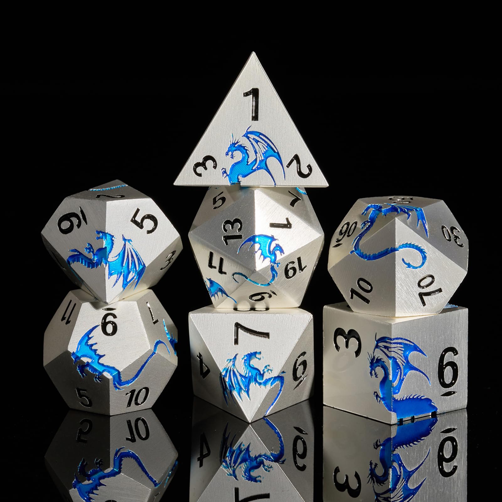 HNCCESG Matte Silver Blue Dragon Metal Dice Set,7 PCS Heavy Zinc Alloy DND Dice with Magnetic Gift Box for Tabletop RPG & Dungeons & Dragons Games (