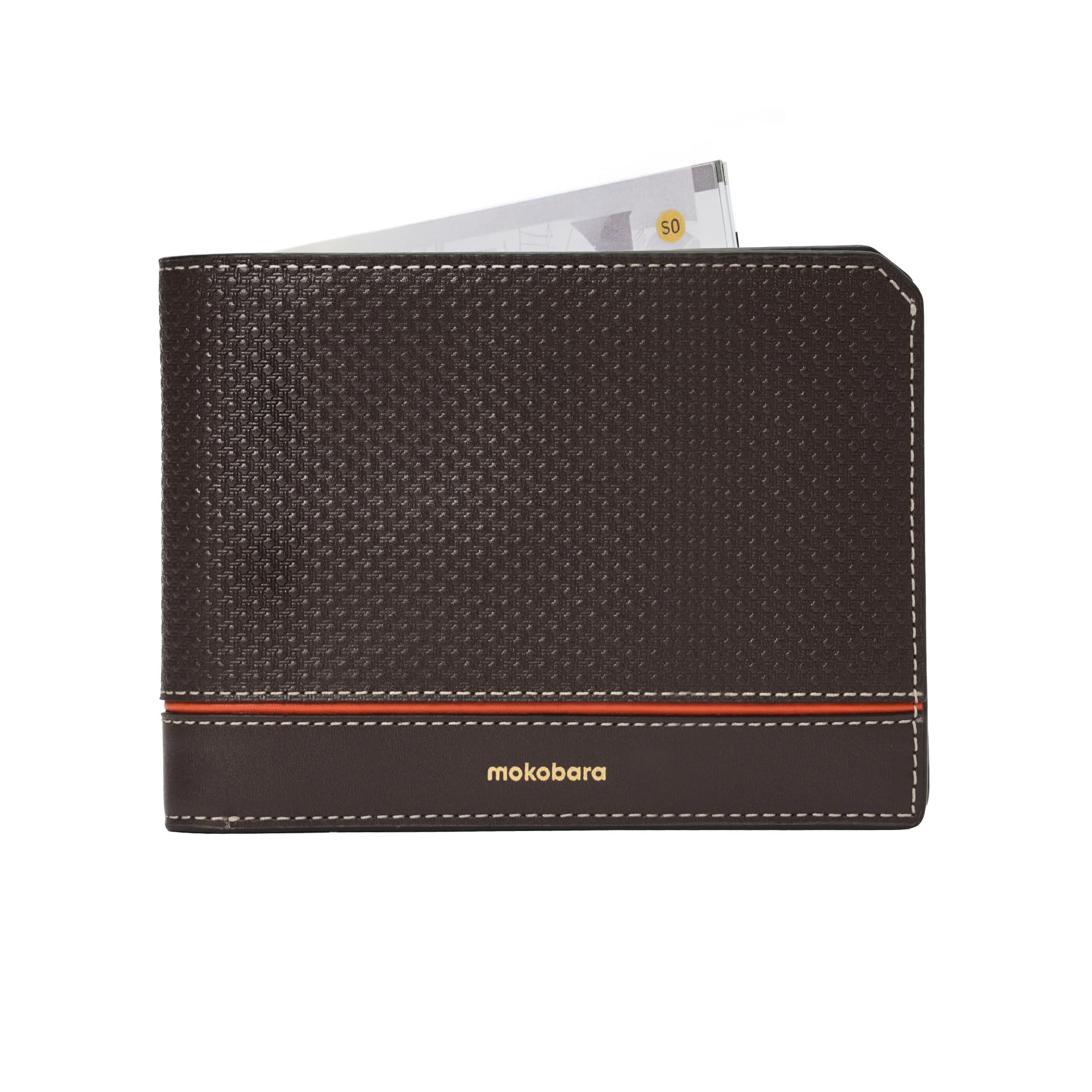 MOKOBARA Stash Bifold Wallet for Men | Geometric Textured | Genuine Leather | RFID Protected | Holds Up to 12 Cards | Double Currency Compartment | Ka-Ching (Brown)