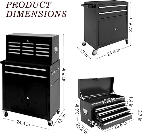 Miniatura 3 de WAYTRIM Cofre de herramientas, gabinete de almacenamiento de herramientas, rodillo de 8 cajones, ganchos laterales y forros de cajones, con