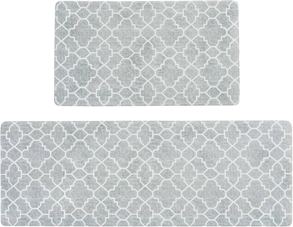 FRESHMINT Kitchen Mat Set of 2, Anti-Fatigue Cushioned Kitchen Mats for Floor, Waterproof Non Slip Comfort Standing Mat, Boho Kitchen Rug for Kitchen Decor, Sink, Office, 17"x30"+17"x47", Stone Gray