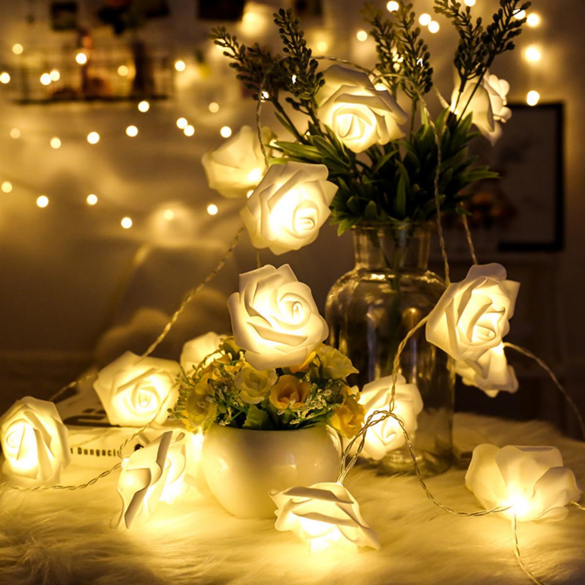 Jinlaili 20 LED Striscia di luci a LED a forma di rosa, luce bianca calda Catena luminosa a rose alimentato a batteria, Decorativa Luci della Stringa Fata Luci della Stringa Decorazione natalizia