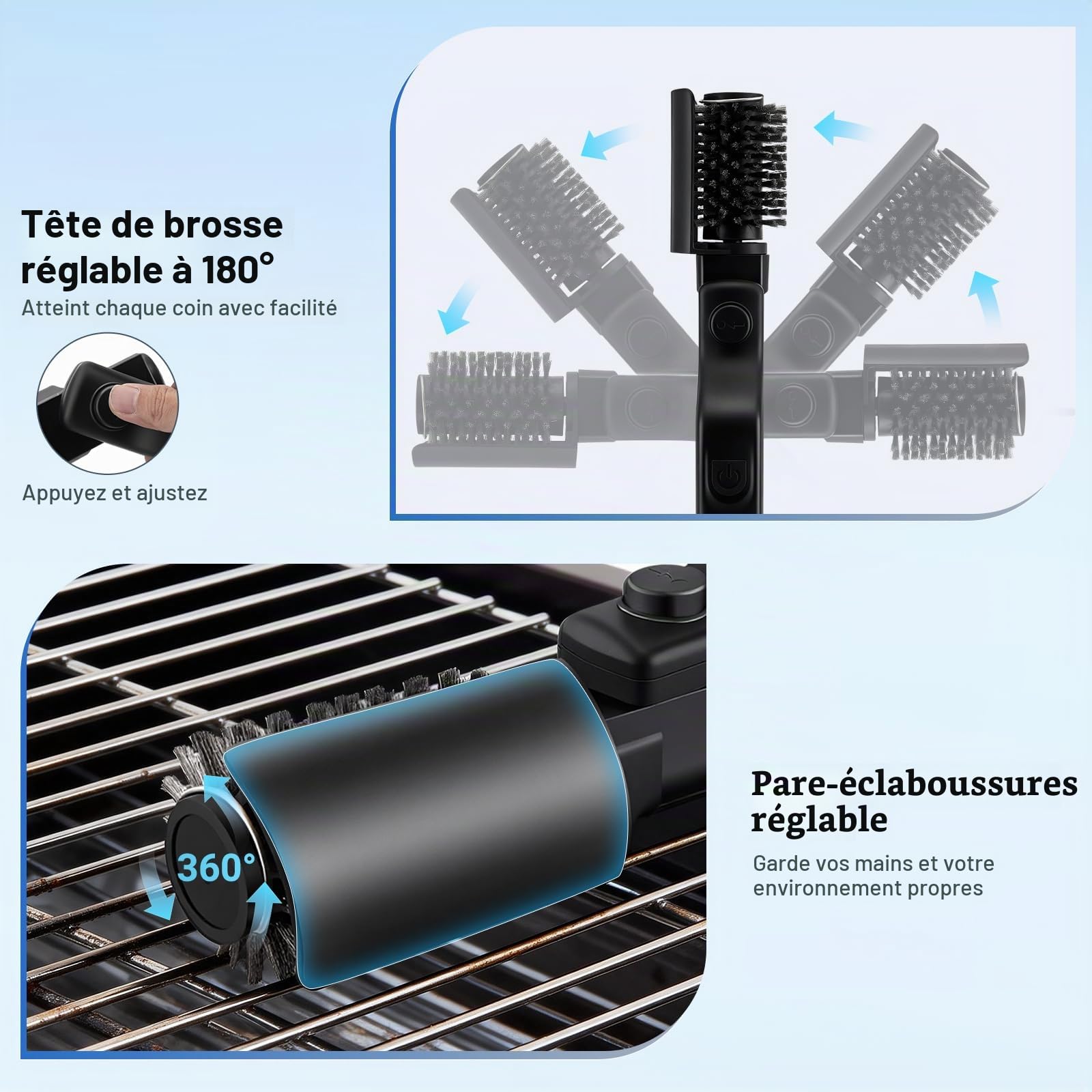 Brosse Électrique pour Barbecue, Tête Rotative en Acier Inoxydable, Réglable à 180°, Nettoyage à 3 Niveaux, Autonomie de 90 Minutes, Nettoyeur de Grill sans Poils pour Barbecue Extérieur