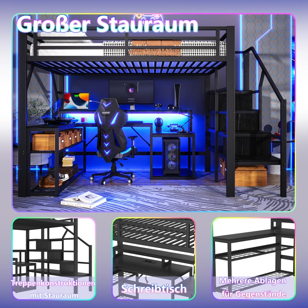 Sapgaks Lit Mezzanine 1 Place Enfant 140 x 200 cm avec éclairage LED et Port USB,lit Mezzanine avec Bureau lit superposé Enfant,lit Mezzanine escalier avec Espace de Rangement,Noir