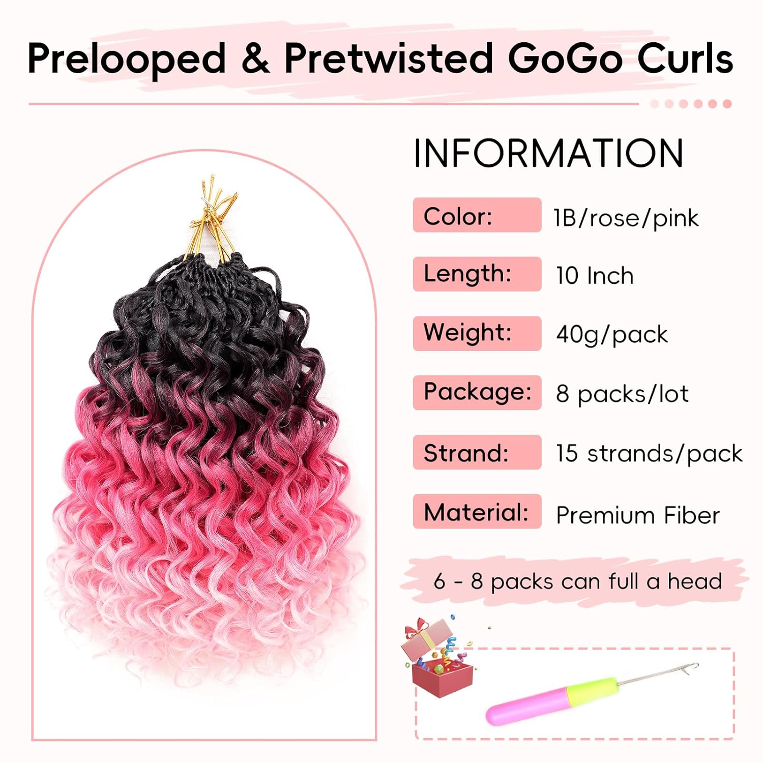 GoGo Curl Crochet Hair Pre twisted 10 Inch 8 packs Short Pink Curly Crochet Hair for Women Pre looped Boho Box Braids with Curly Ends Water Wave Synthetic Hair Extensions 1B/Rose/Pink