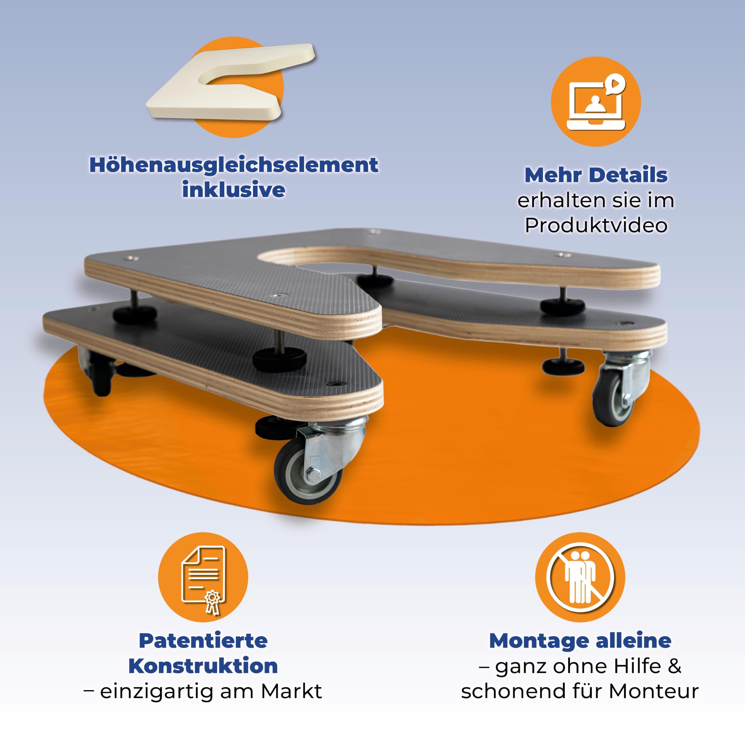 WC-Montagehilfe für wandhängende WCs & BDs – Höhenverstellbares Montage-Rollbrett 125–215 mm, 360° Rollen, bis 60 kg - Entwickelt und Patentiert vom Sanitärprofi