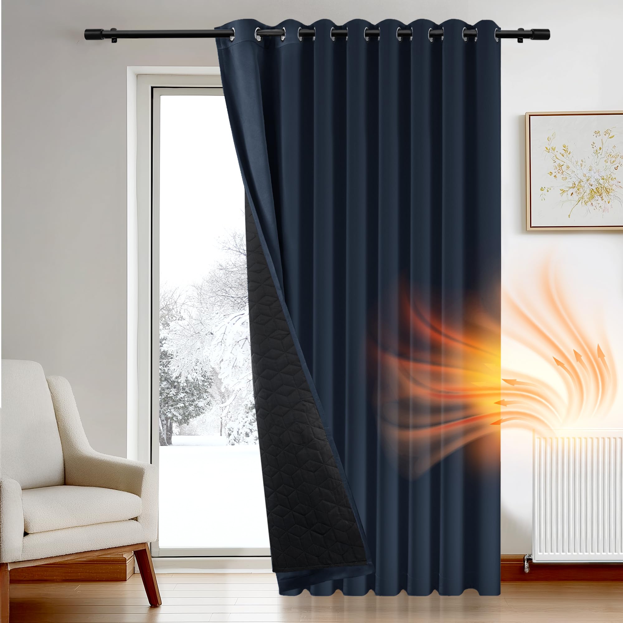 Deconovo Thermal Door Curtain, Double Layers Door Panel with Thick Microfiber Quilted Lining for Winter, Energy Saving Eyelet Thermal Curtain for Bedroom, W 110" x L 96", Navy Blue, 1 Panel โ image 1