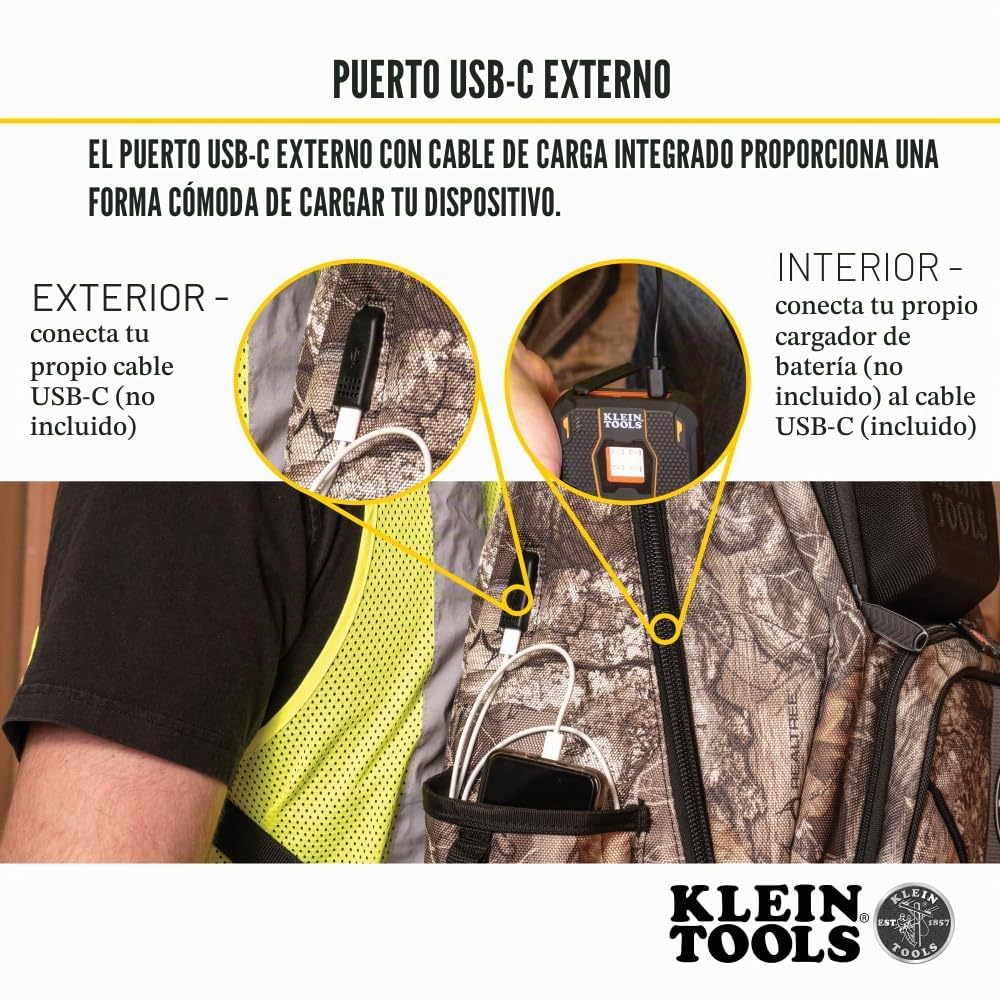 Klein Tools 62800BPCAMO - Mochila de herramientas Tradesman Pro, extragrande, con 40 bolsillos, con parte inferior moldeada, puerto de carga